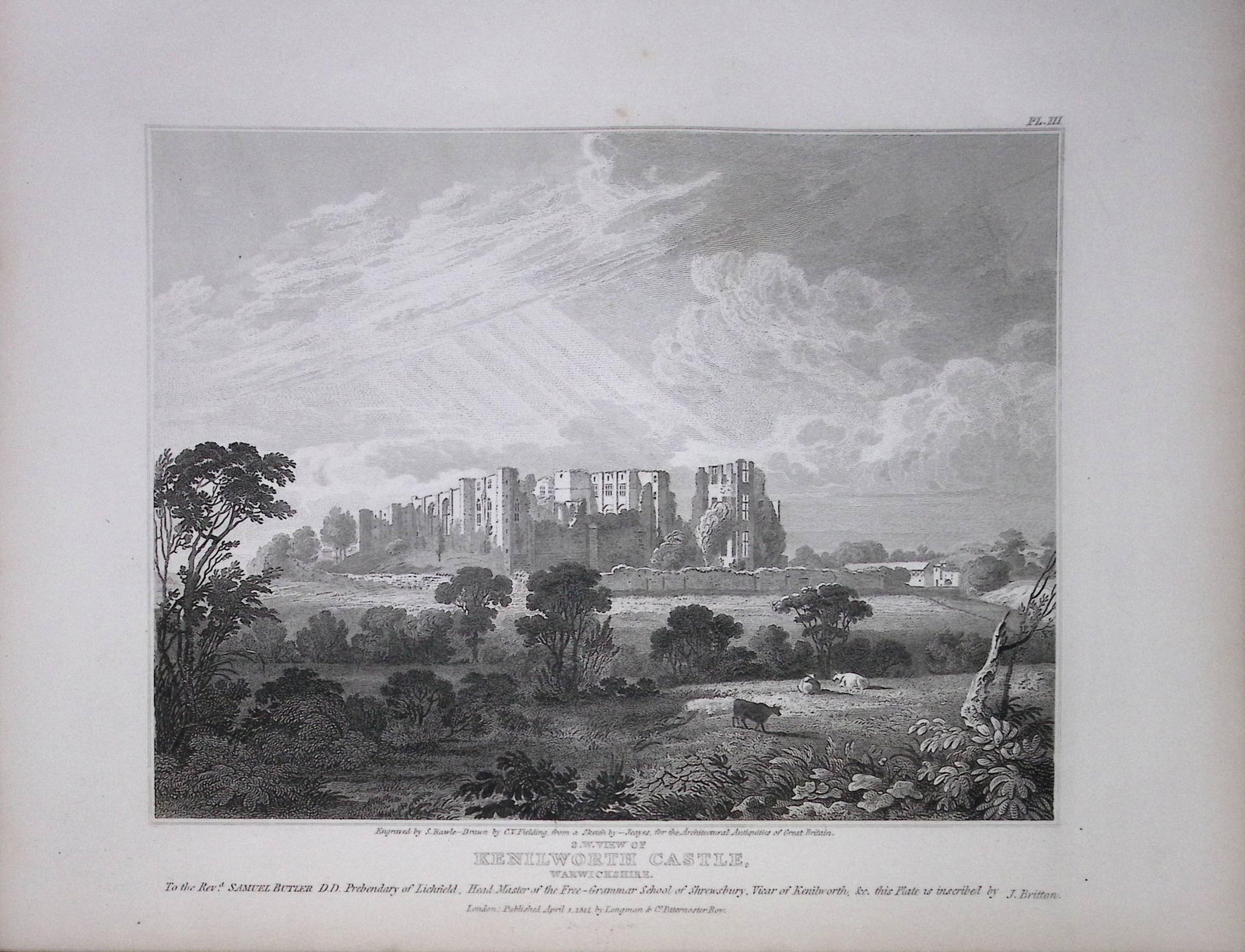 Kenilworth Castle Warwickshire 190 Years-Old Rare John Britton Antique Steel Engraving-121: Title: Kenilworth Castle Warwickshire 190 Years-Old Rare John Britton Antique Steel Engraving-121 Description: This 191 Years-Old Steel Gilt-Edged Engraved Plate Has Been Removed from an Antique