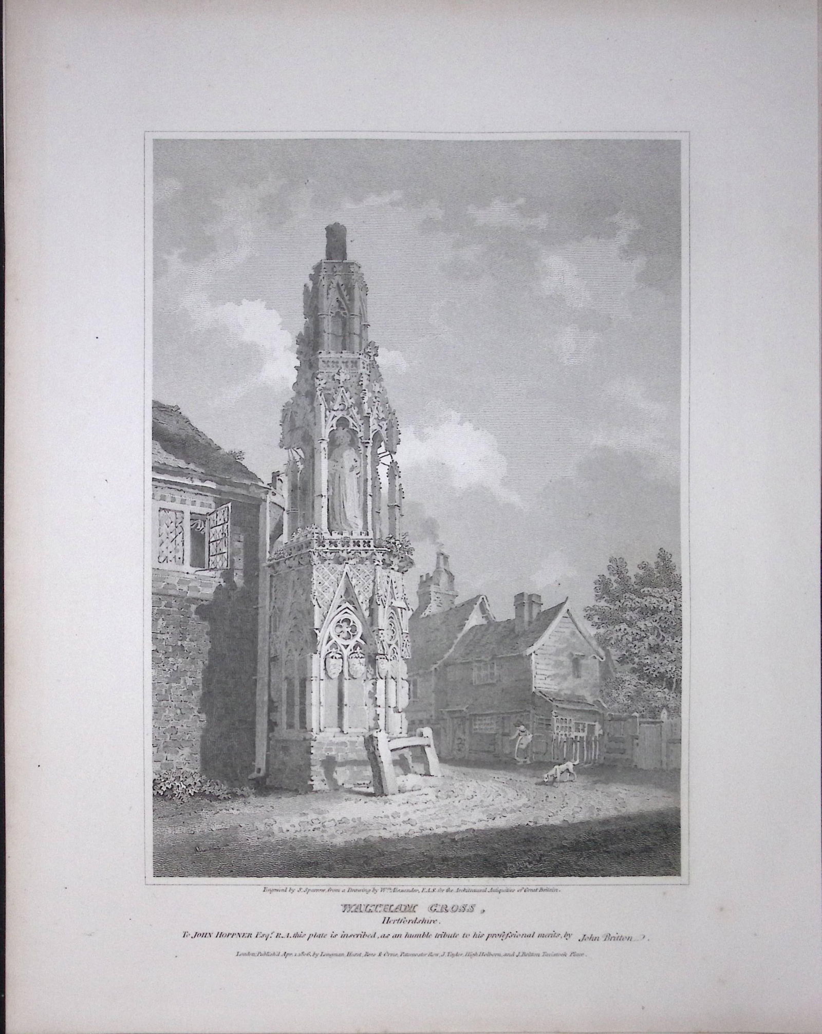 Waltham Cross Herts 190 Years-Old Rare John Britton Antique Steel Engraving-41: Title: Waltham Cross Herts 190 Years-Old Rare John Britton Antique Steel Engraving-41 Description: This 191 Years-Old Steel Gilt-Edged Engraved Plate Has Been Removed from an Antiqu