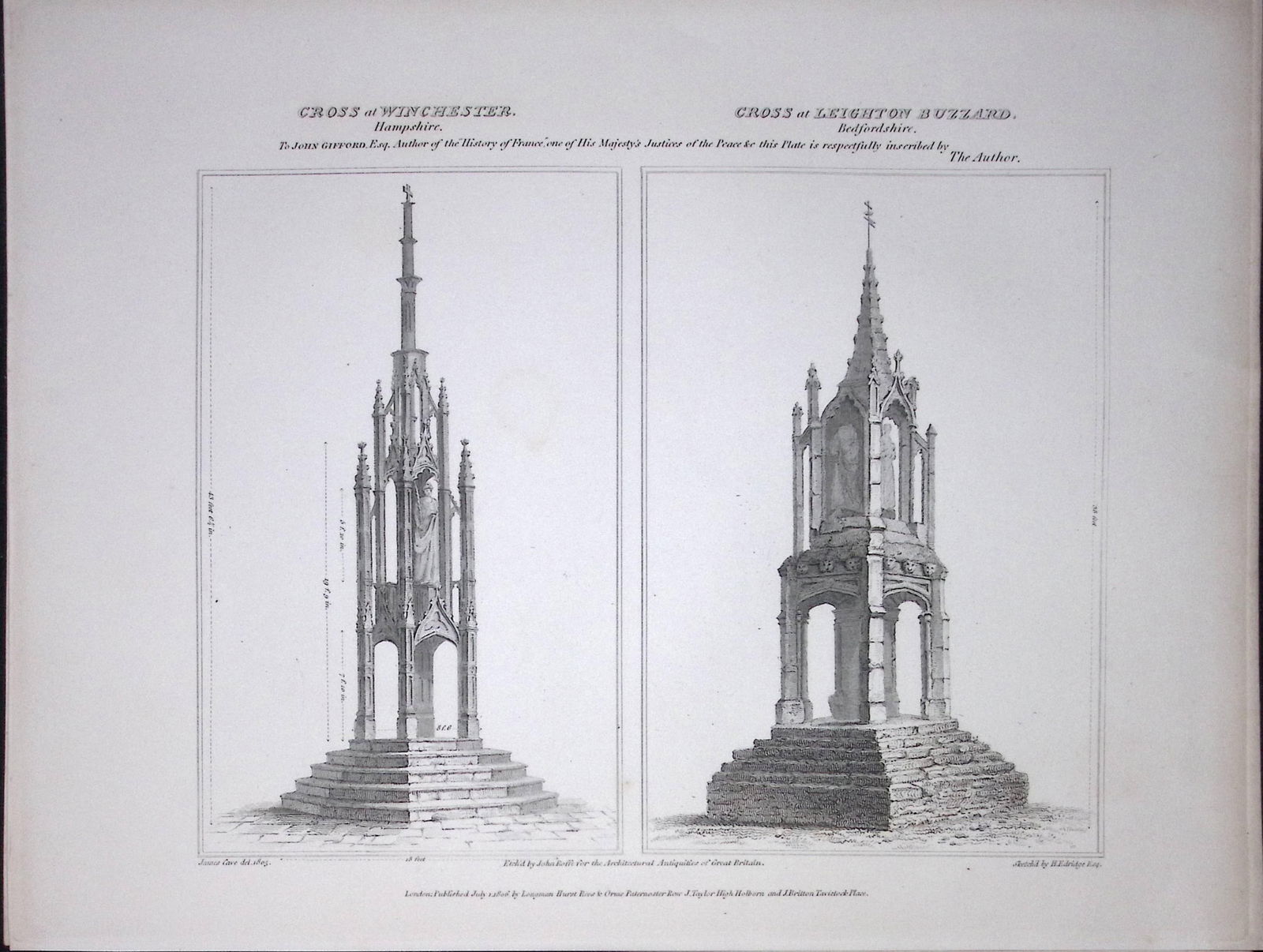 The Cross at Winchester & Leighton Buzzard Rare John Britton Antique Steel Engraving-35: Title: The Cross at Winchester & Leighton Buzzard Rare John Britton Antique Steel Engraving-35 Description: This 191 Years-Old Steel Gilt-Edged Engraved Plate Has Been Removed from an