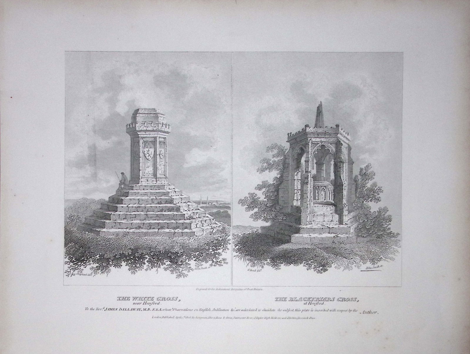 White & Blackfriars Cross Hertford 190 Years-Old John Britton Antique Steel Engraving-59: Title: White & Blackfriars Cross Hertford 190 Years-Old John Britton Antique Steel Engraving-59 Description: This 191 Years-Old Steel Gilt-Edged Engraved Plate Has Been Removed from an