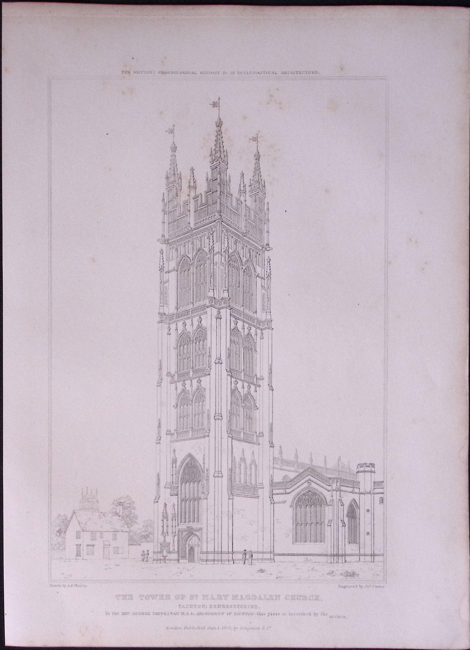 Mary Magdalen Church Taunton 190 Years-Old John Britton Antique Steel Engraving-221: Title: Mary Magdalen Church Taunton 190 Years-Old John Britton Antique Steel Engraving-221 Description: This 191 Years-Old Steel Gilt-Edged Engraved Plate Has Been Removed from an Antique