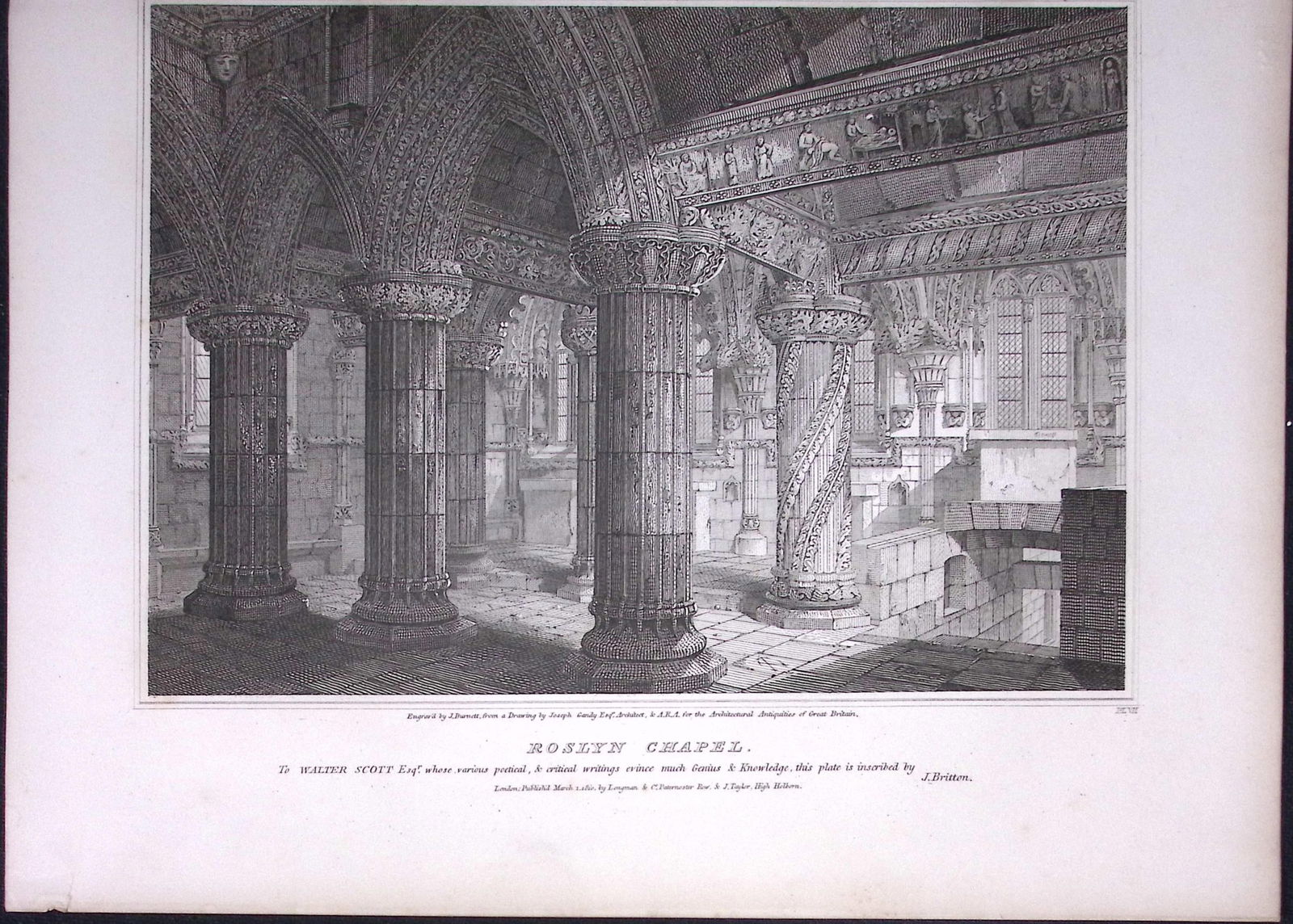 Rosslyn Chapel Scotland 190 Years-Old John Britton Antique Steel Engraving-151: Title: Rosslyn Chapel Scotland 190 Years-Old John Britton Antique Steel Engraving-151 Description: This 191 Years-Old Steel Gilt-Edged Engraved Plate Has Been Removed from an Antique
