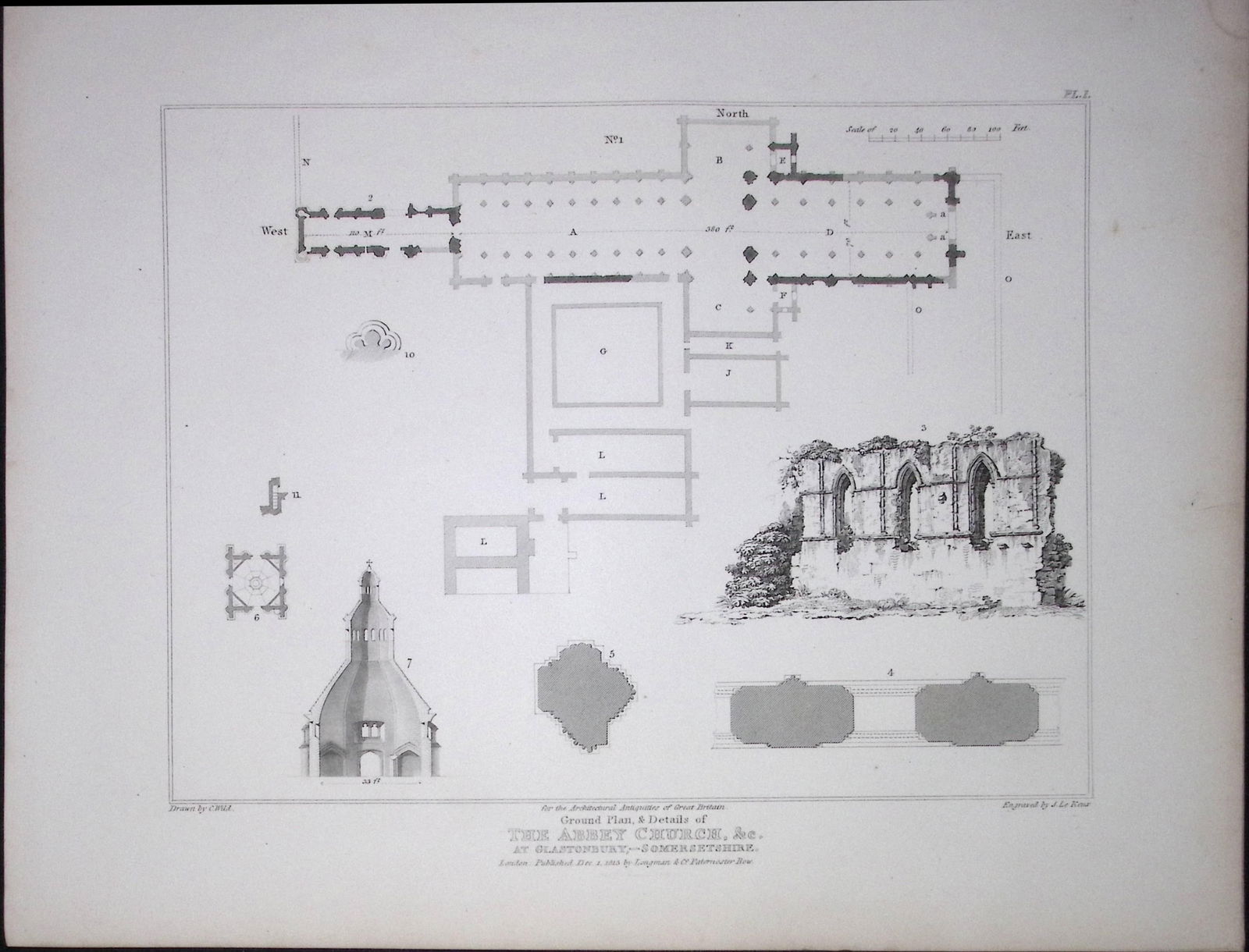 Glastonbury Abbey 190 Years-Old Rare John Britton Antique Steel Engraving-130: Title: Glastonbury Abbey 190 Years-Old Rare John Britton Antique Steel Engraving-130 Description: This 191 Years-Old Steel Gilt-Edged Engraved Plate Has Been Removed from an Antique