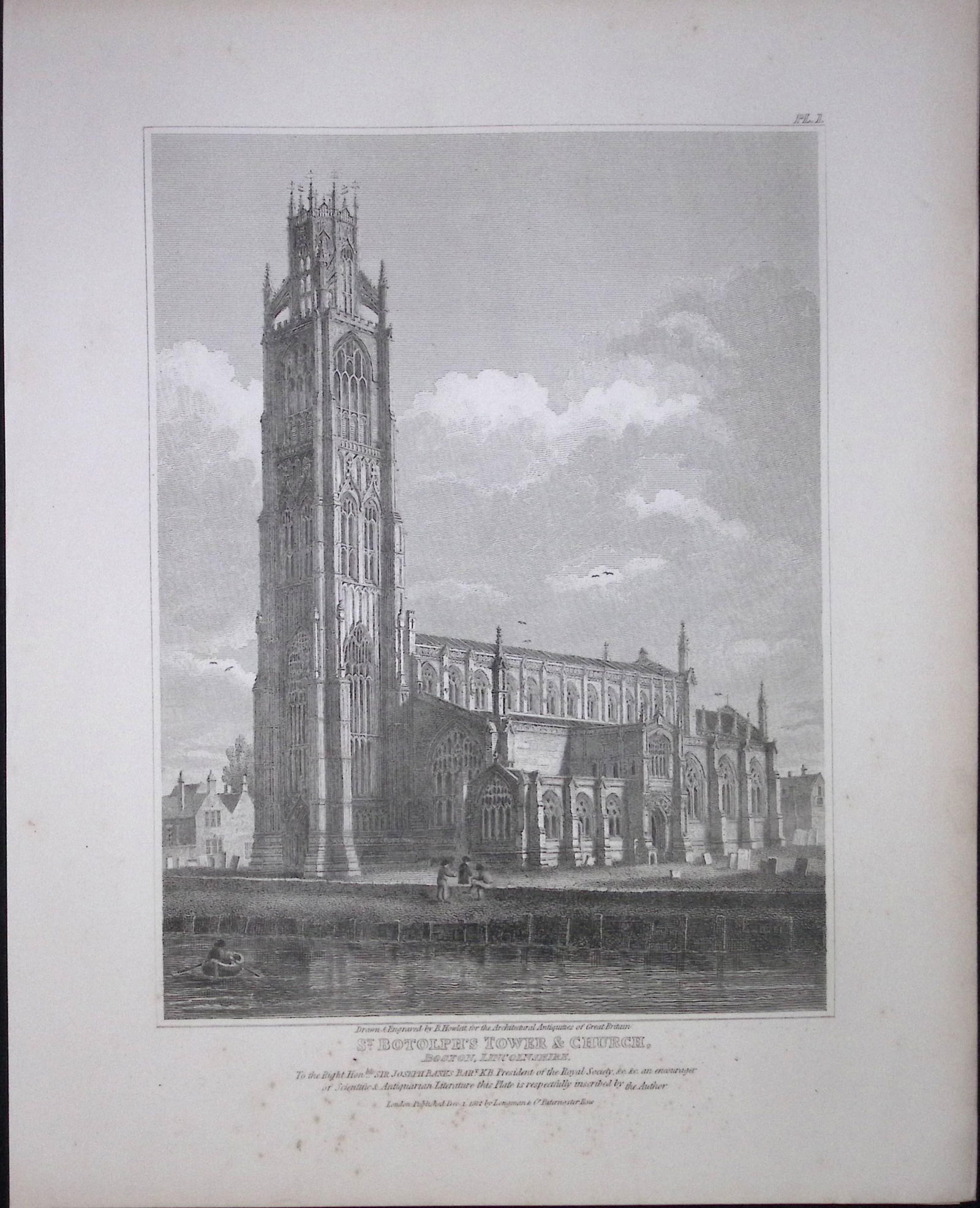 St Botolph’s Tower Boston 190 Years-Old Rare John Britton Antique Steel Engraving-92 (1 of 1)