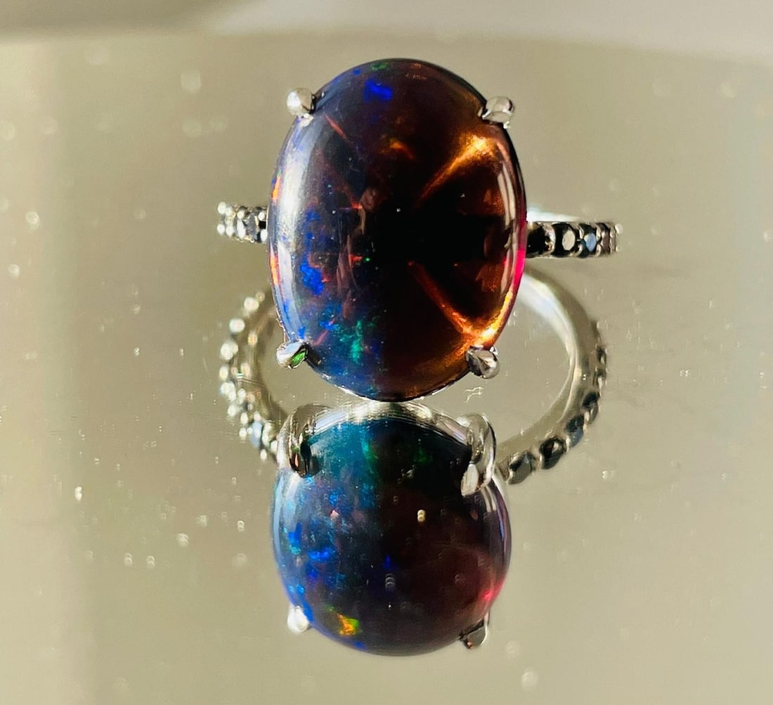 Beautiful 5.22 CT Natural Black Opal Ring With Natural Black Diamond & 18k Gold (1 of 9)