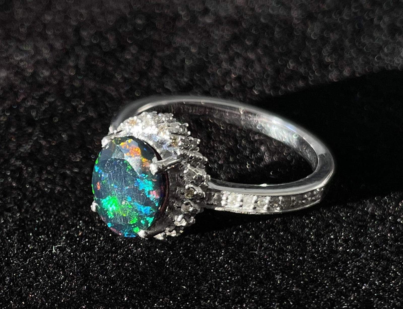 Beautiful Natural Black Opal Ring With Natural Diamond & 18k Gold - 10