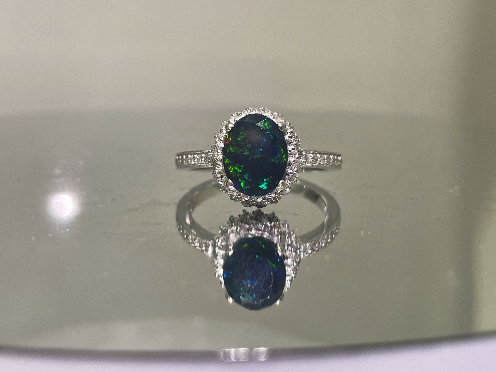 Beautiful Natural Black Opal Ring With Natural Diamond & 18k Gold - 7