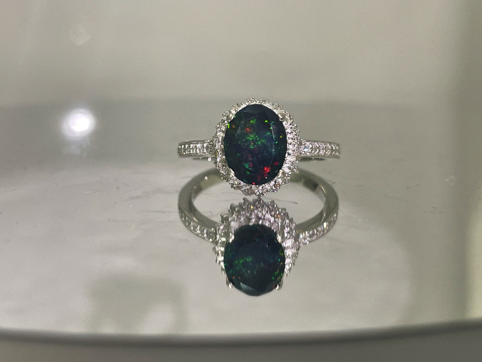 Beautiful Natural Black Opal Ring With Natural Diamond & 18k Gold - 8