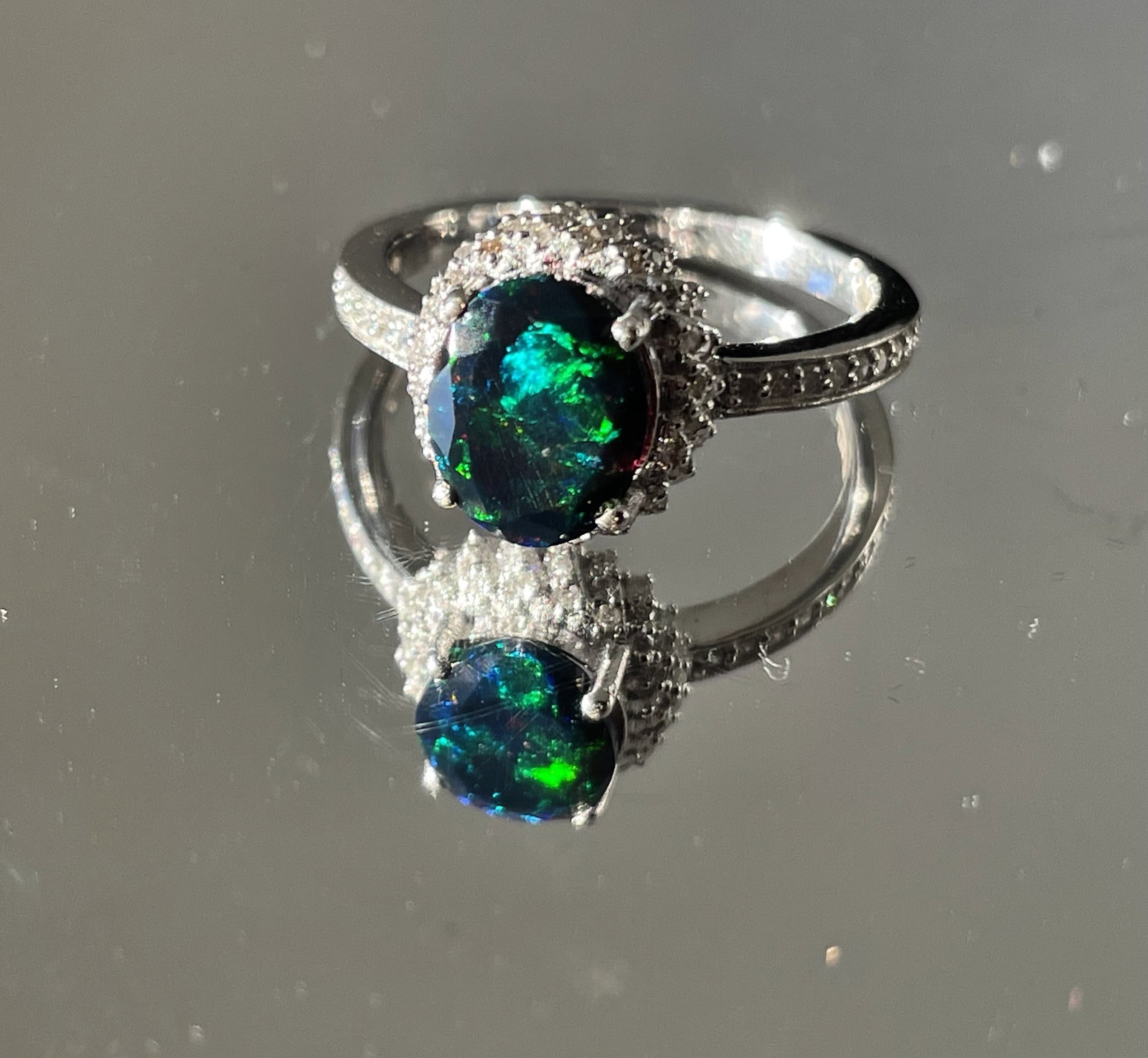 Beautiful Natural Black Opal Ring With Natural Diamond & 18k Gold - 9