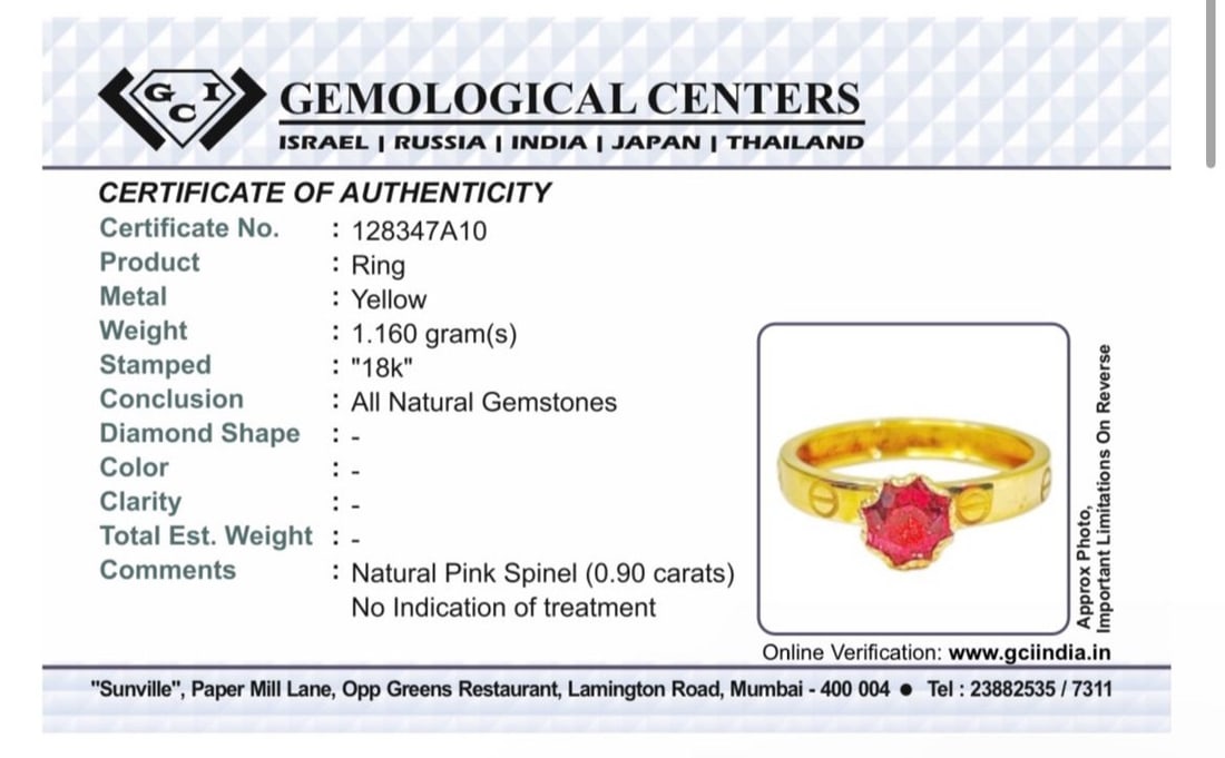 Beautiful 0.90 CT Natural Spinel Ring & 18k Yellow Gold - 9