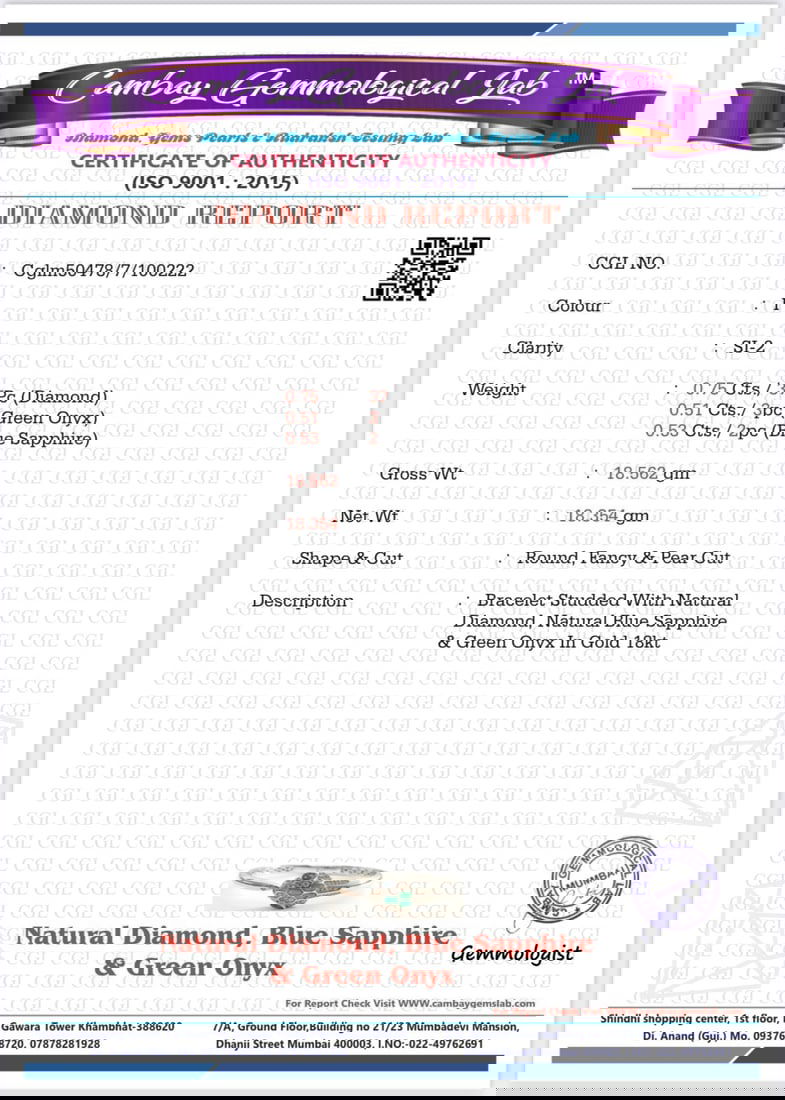 Beautiful Natural Diamond, Blue Sapphire and Green Onyx Snake Bracelet With 18k White Gold - 7