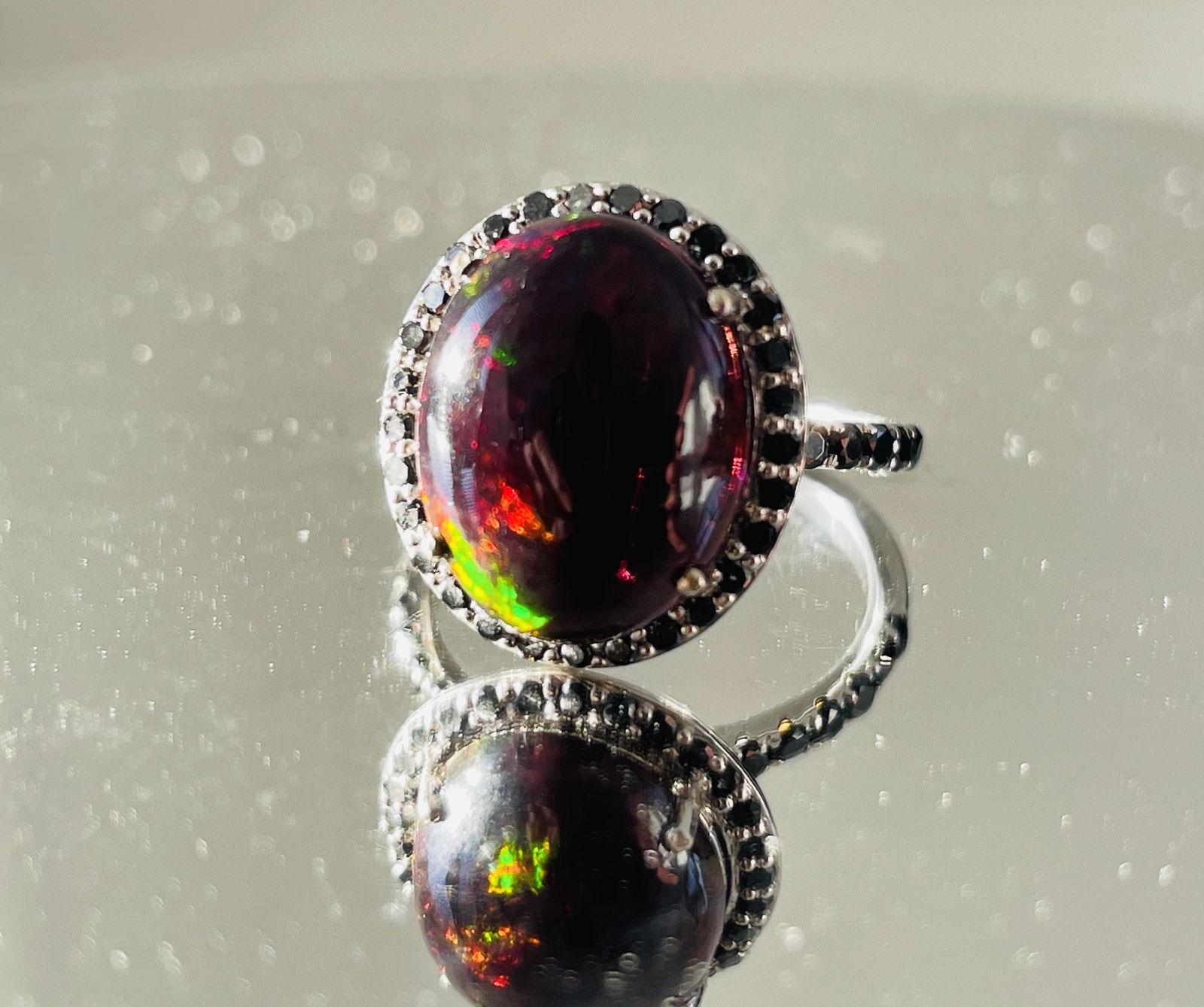Beautiful 6.49 CT Natural Black Opal Ring With Natural Black Diamond & 18k Gold (1 of 7)