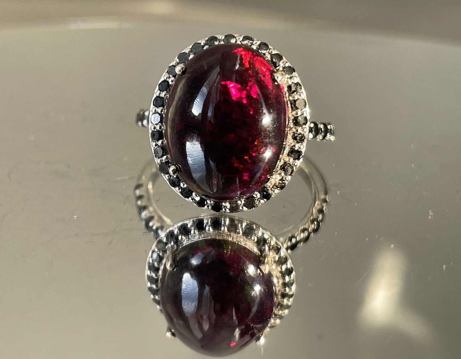 Beautiful 6.49 CT Natural Black Opal Ring With Natural Black Diamond & 18k Gold - 4