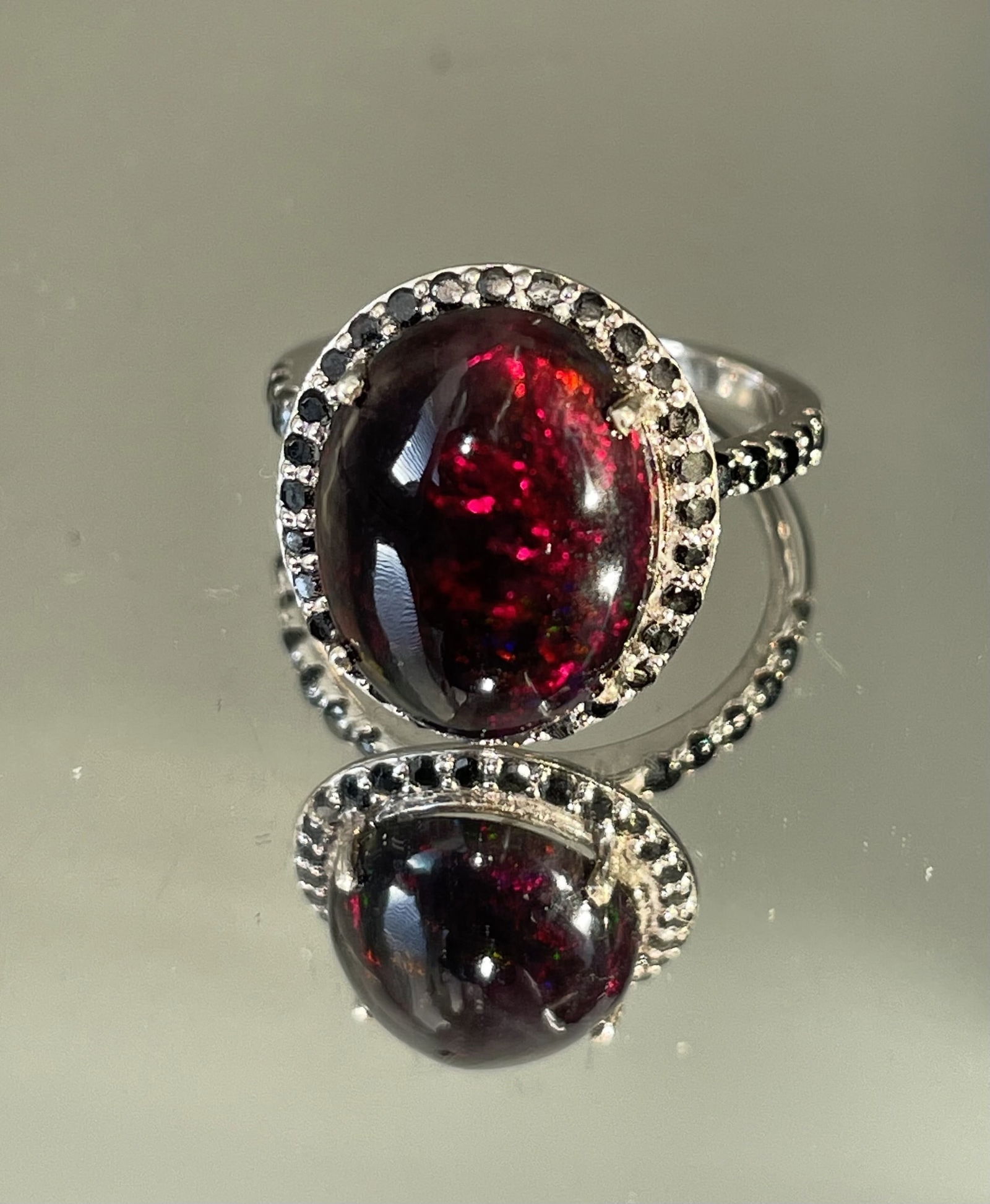 Beautiful 6.49 CT Natural Black Opal Ring With Natural Black Diamond & 18k Gold - 6