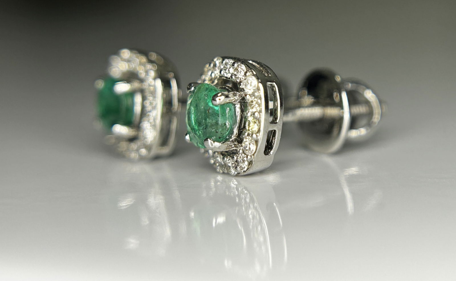 Beautiful 0.49ct Natural Emerald Halo Set Stud Earrings With Diamonds In Platinum 950 - 7