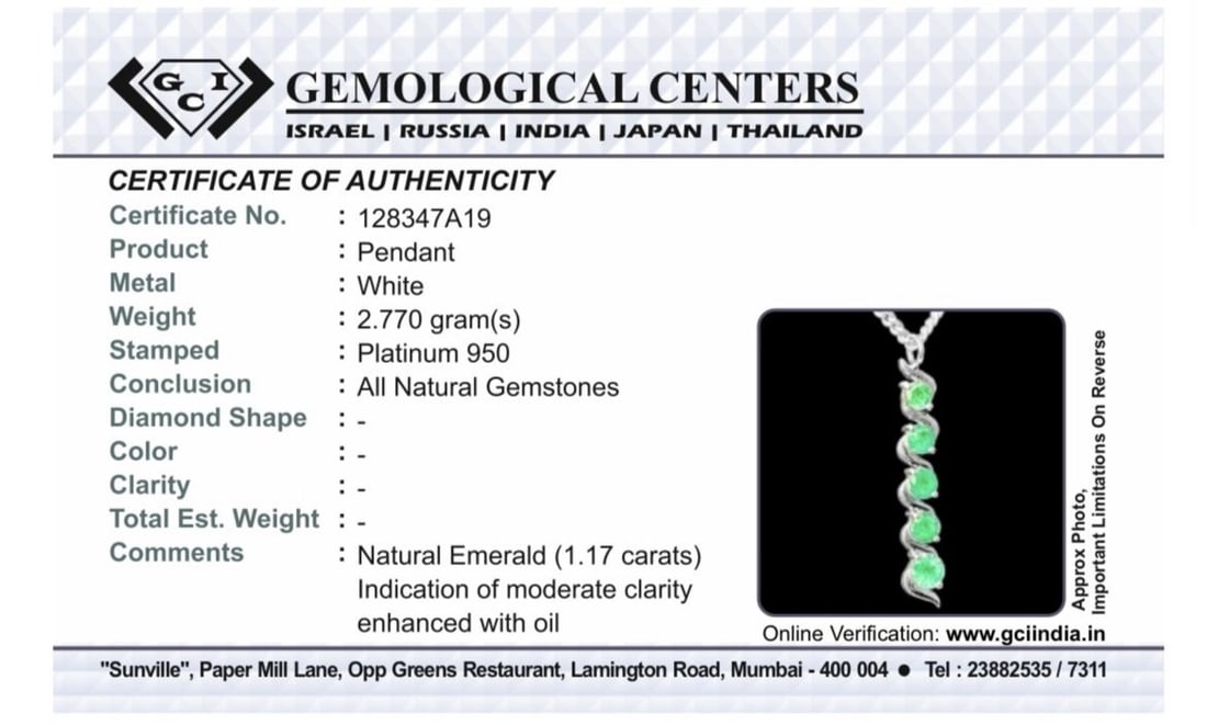 Beautiful 1.17ct Natural Emerald Pendant With Platinum 950 - 12