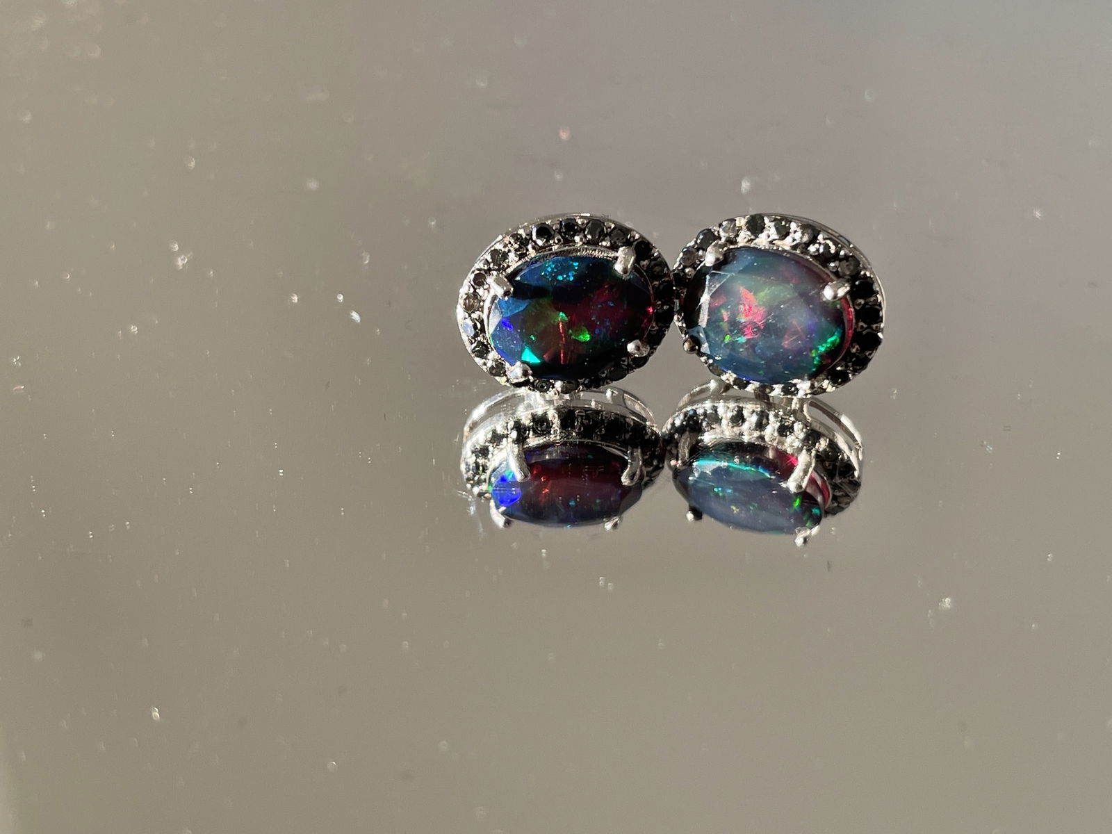 Beautiful Natural Black Opal Earrings With Natural Black Diamond & 18k Gold - 11