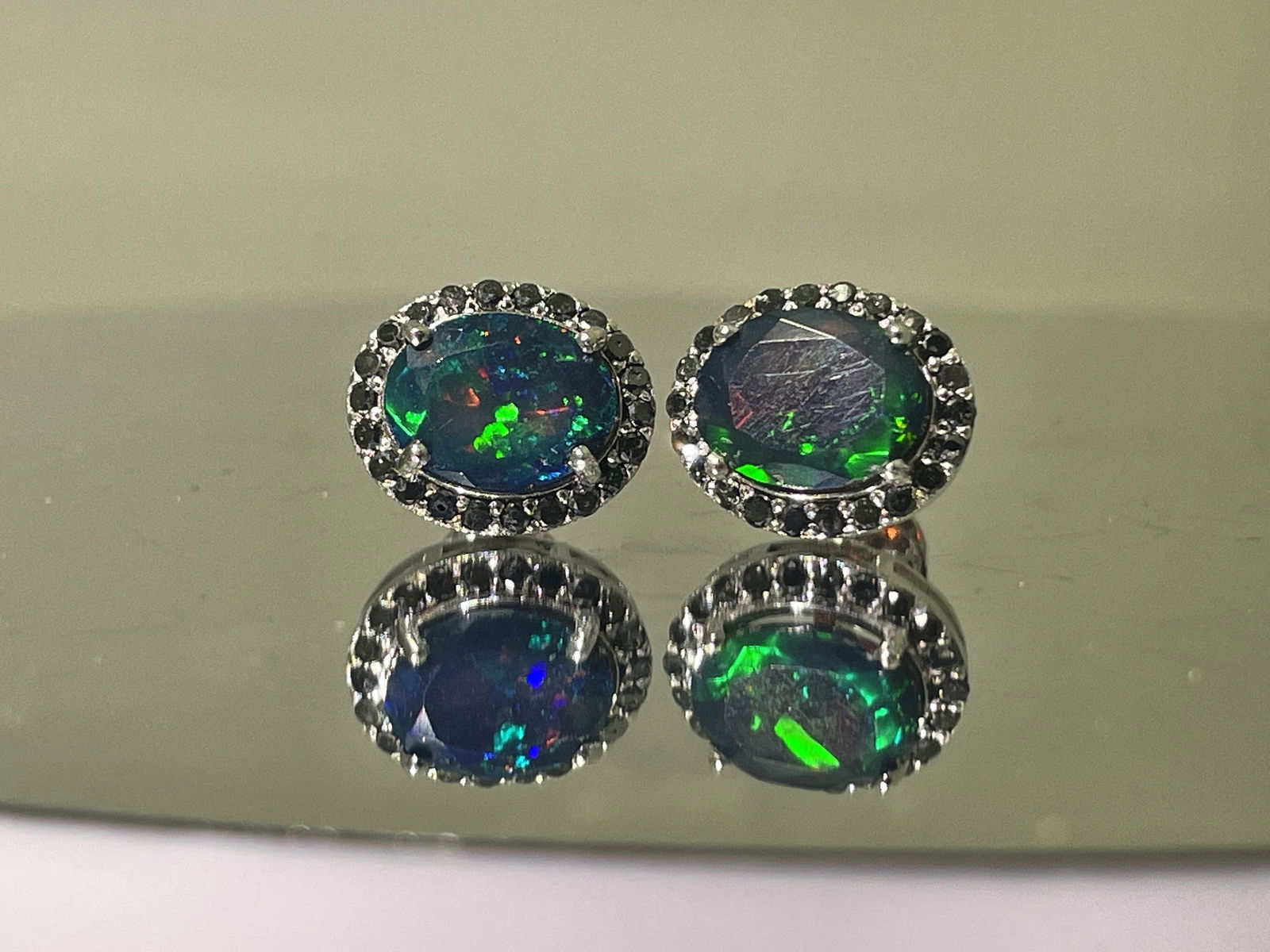 Beautiful Natural Black Opal Earrings With Natural Black Diamond & 18k Gold - 2