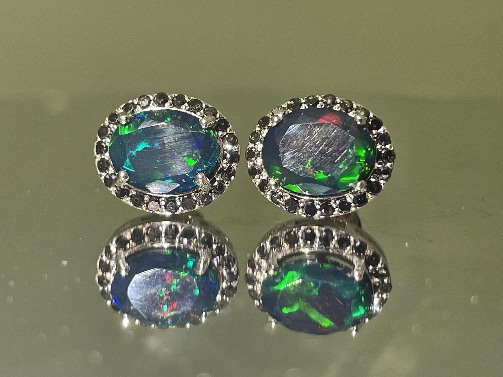 Beautiful Natural Black Opal Earrings With Natural Black Diamond & 18k Gold - 4