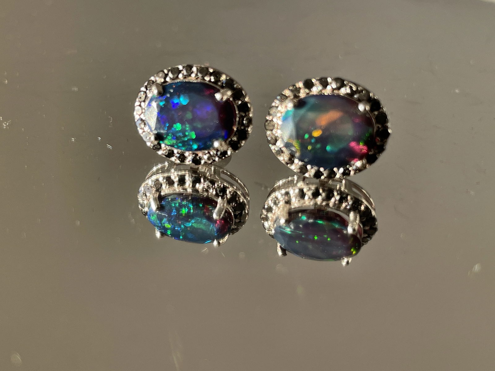Beautiful Natural Black Opal Earrings With Natural Black Diamond & 18k Gold - 7