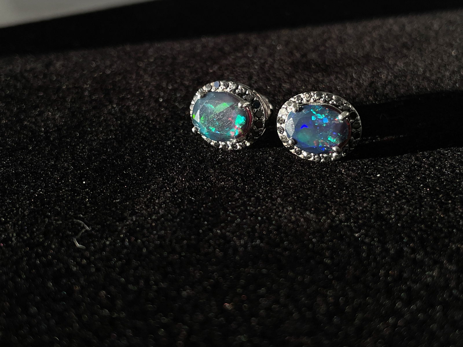 Beautiful Natural Black Opal Earrings With Natural Black Diamond & 18k Gold - 8