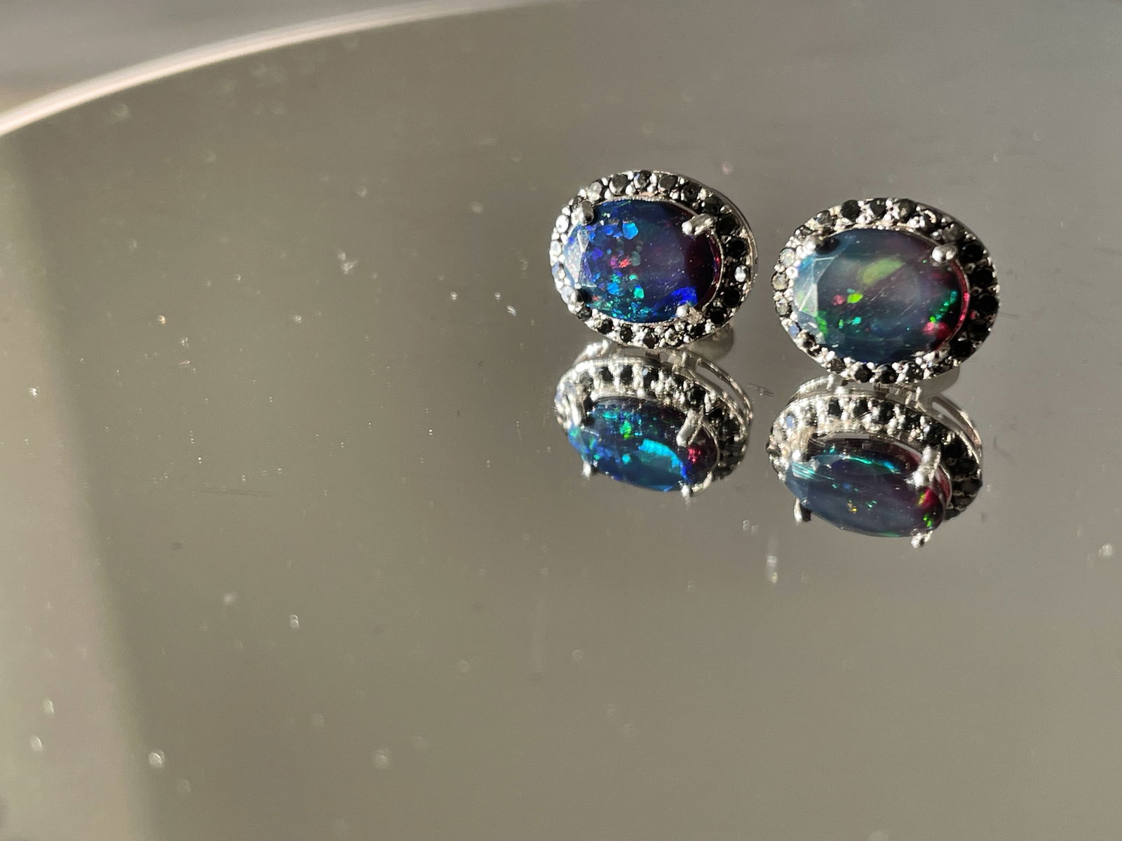Beautiful Natural Black Opal Earrings With Natural Black Diamond & 18k Gold - 9