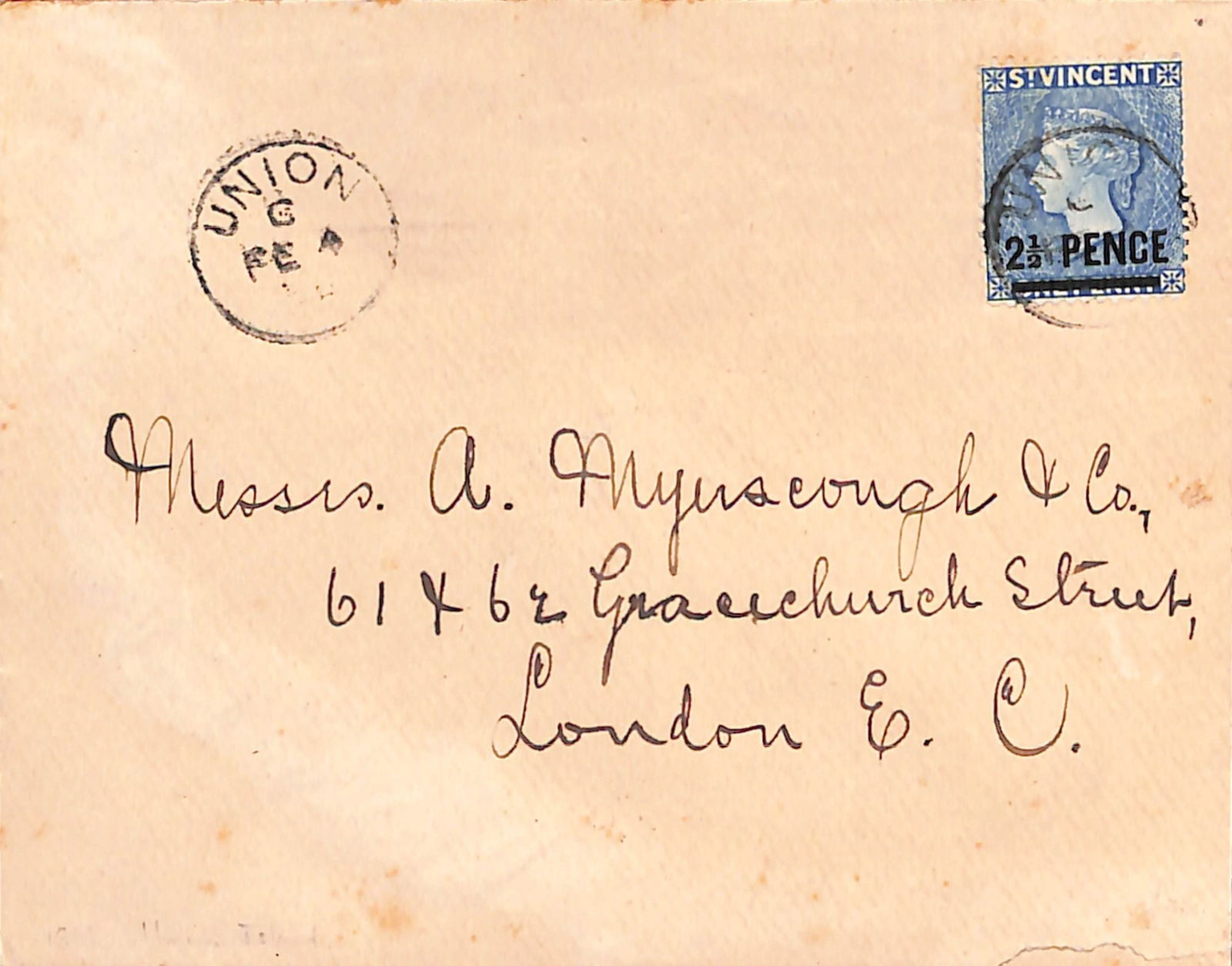 St Vincent 1898: Title: St Vincent 1898 Description: Cover to London franked 2.1/2d on 1d blue cancelled by scarce "UNION" village datestamp code "C" with a second strike in the upper left corner. Delivery