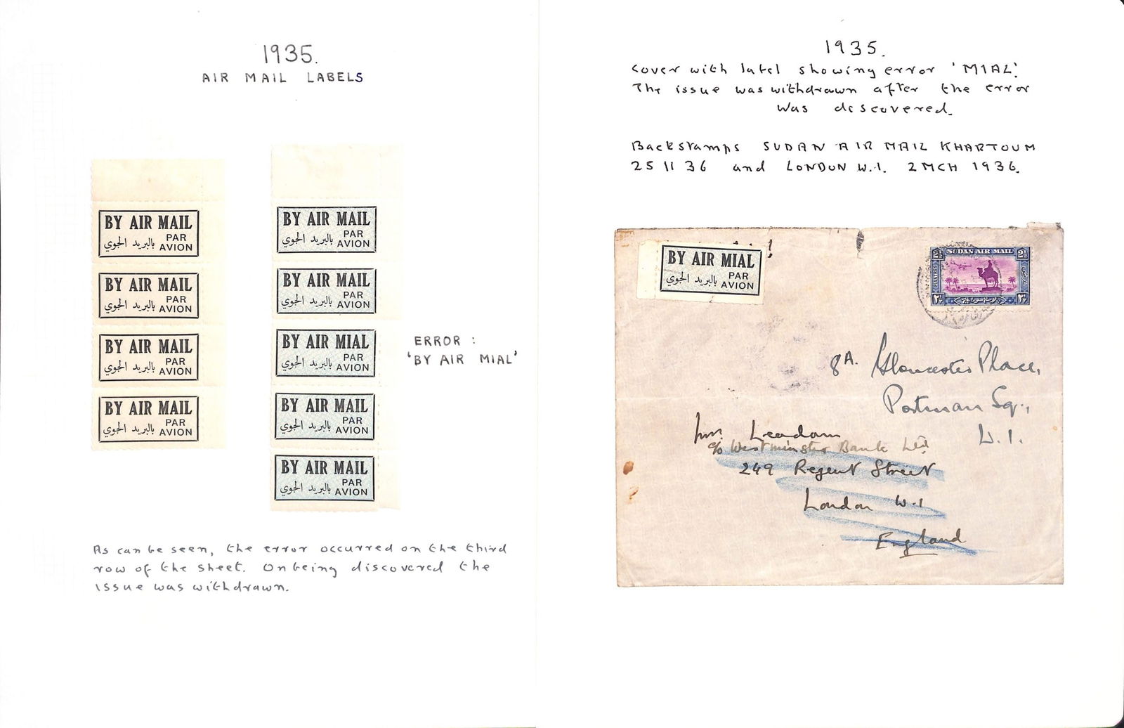 Sudan - Air Mail Labels 1931-51: Title: Sudan - Air Mail Labels 1931-51 Description: Collection of Air Mail labels (34, two on covers) on pages including 1932-35 issue with misplaced background or "BY AIR MAIL" error both used