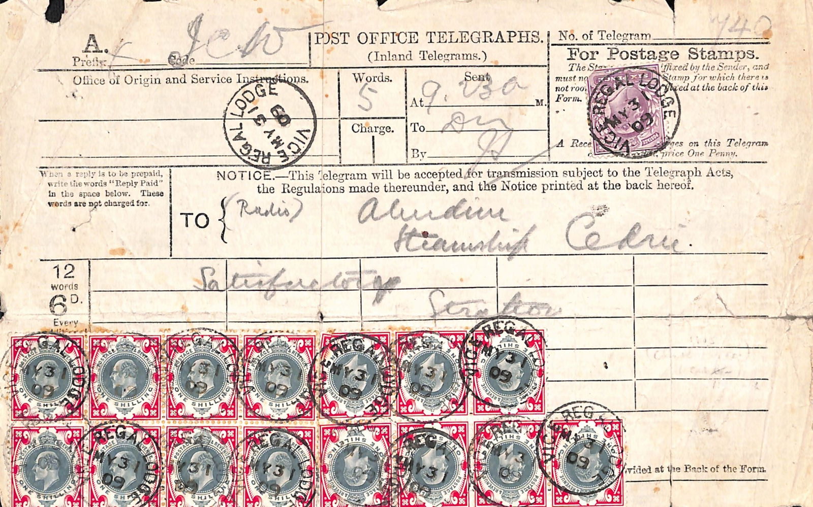 G.B. - Ireland 1909: Title: G.B. - Ireland 1909 Description: Telegram form (some faults) with message sent by radio to the S. S. "Cedric", bearing KEVII 6d and 1/- blocks of seven and eight, each stamp cancelled by