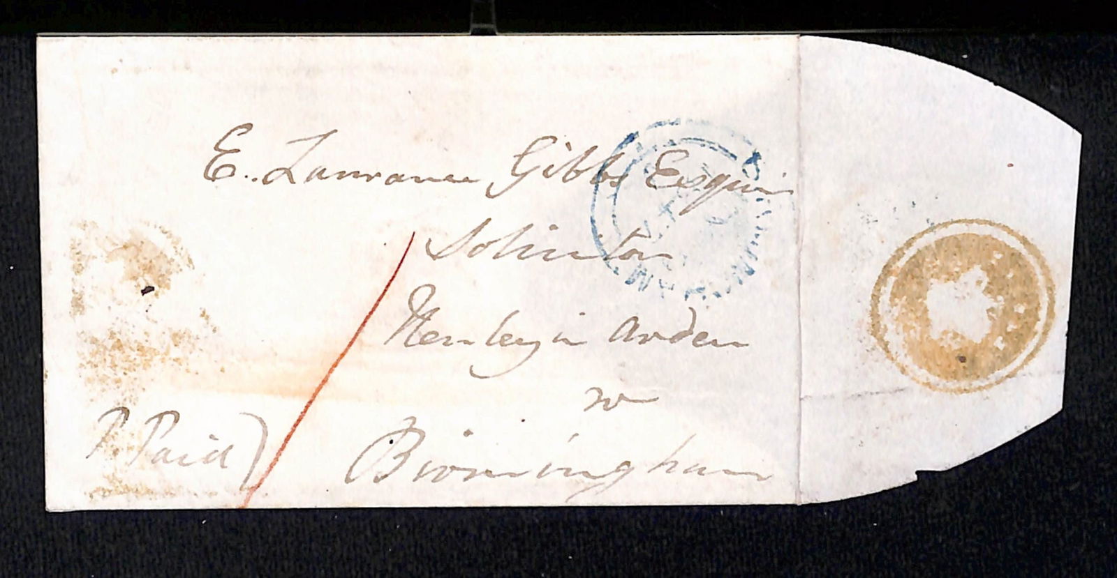 G.B. - Warwickshire 1847 (May 9): Title: G.B. - Warwickshire 1847 (May 9) Description: Cover, with contents, from Knowle to Henley in Arden, backstamped by "KNOWLE (crown)" MAILBAG SEAL, used for a very short period in 1847 when