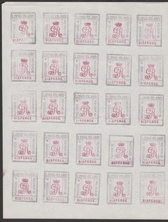 LONG ISLAND 1916 6d ESSAY, the frame in black, the arms and value in red, in a complete sheet of...: Title: LONG ISLAND 1916 6d ESSAY, the frame in black, the arms and value in red, in a complete sheet of 25 Description: ÊLONG ISLAND 1916 6d ESSAY, the frame in black, the arms and value in