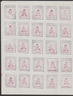 LONG ISLAND 1916 6d ESSAY, the frame in black, the arms and value in red, in a complete sheet of... - 4