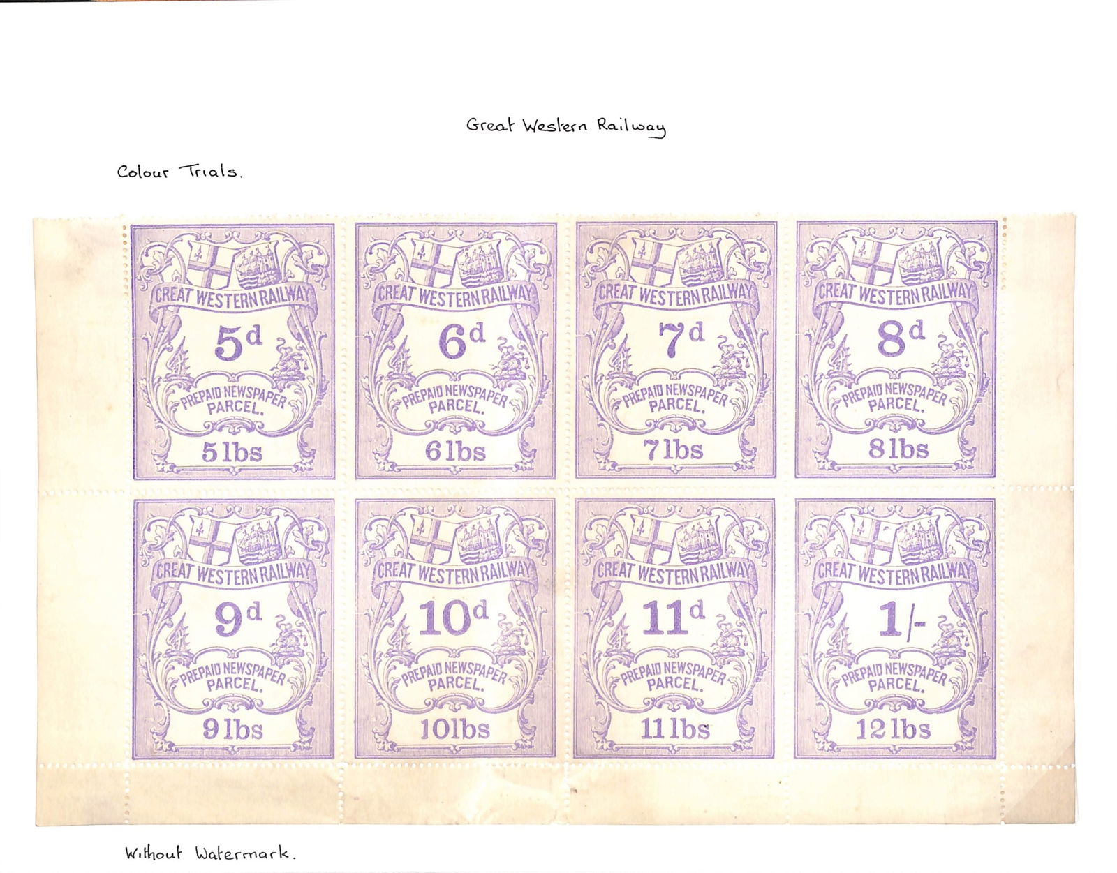 G.B. Railways c.1870: Title: G.B. Railways c.1870 Description: Great Western Railway newspaper parcel stamps colour trials in lilac comprising marginal block of eight stamps se-tenant with values from 5d to 1