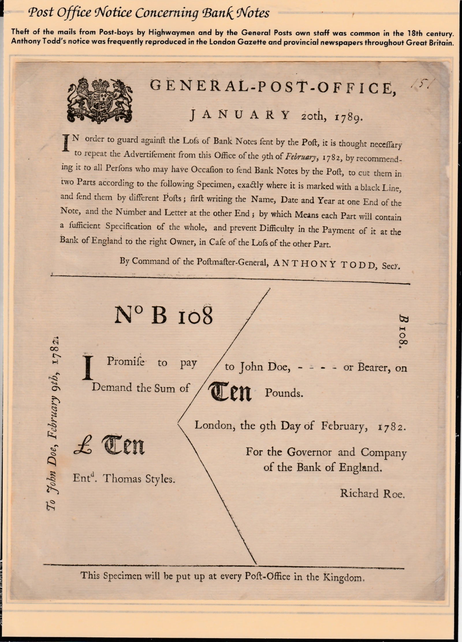 G.B. - Registered Mail / Post Office Notices 1789: Title: G.B. - Registered Mail / Post Office Notices 1789 Description: Post Office Notice explaining and illustrating how banknotes should be cut in half and the two halves posted separately,