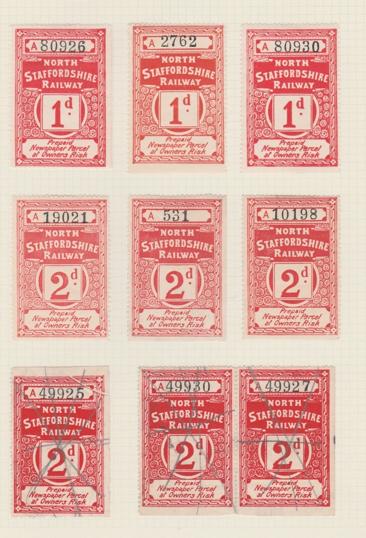 GB - Railways 1875: Title: GB - Railways 1875 Description: North Staffordshire Railway - a fine collection comprising 1875 1d (2), 2d (2), 3d and 4d (Ewen 1 to 3, the 4d unlisted); 1890 similar type with 'at owners