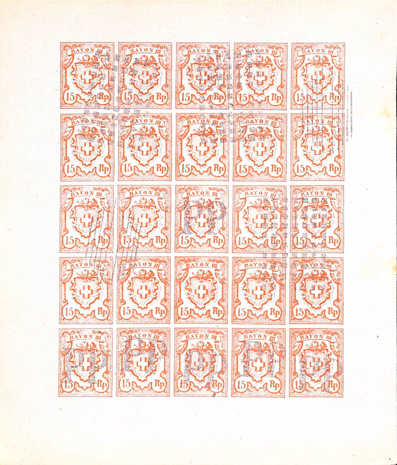 Switzerland - Spiro Forgeries 1852: Title: Switzerland - Spiro Forgeries 1852 Description: 15r "RAYON III" on white non- acidic paper 'Setting II' in a complete sheet of 25 (5x5) 'used' with various 'cancels'.