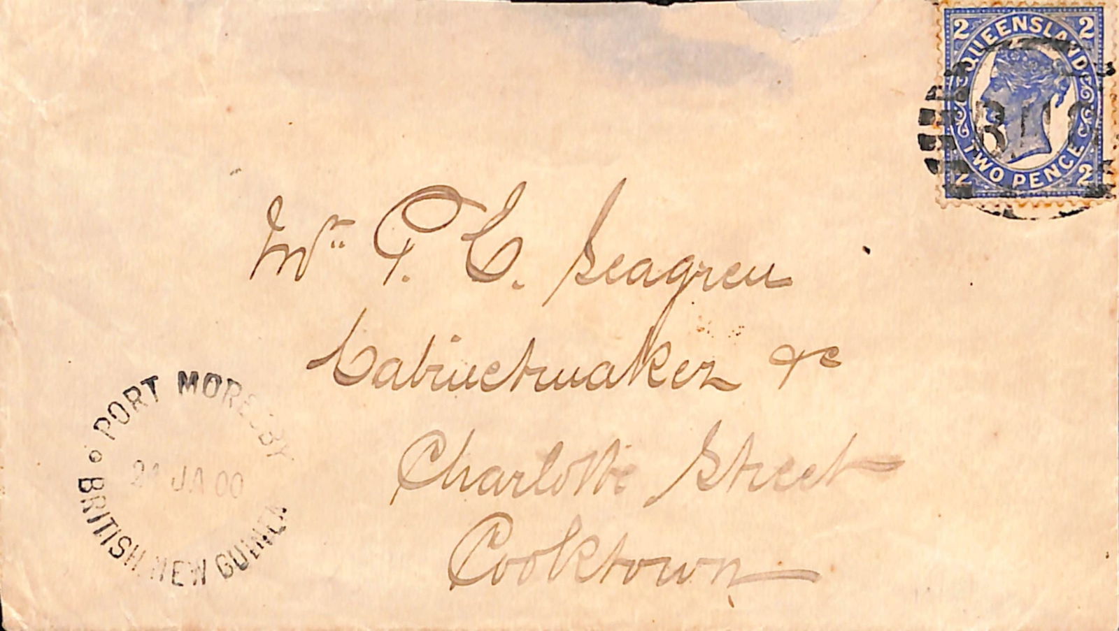 Papua and New Guinea 1900: Title: Papua and New Guinea 1900 Description: Cover (minor opening faults at top) from Port Moresby to Cooktown, Queensland bearing Queensland 2d blue cancelled "BNG" with "PORT MORESBY /