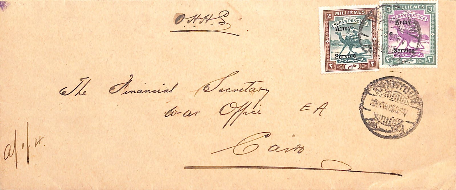 Sudan 1906: Title: Sudan 1906 Description: Cover from Khartoum to "The Financial Secretary, War Office EA, Cario" headed "O.H.M.S" franked by 2m and 3m Army Service stamps, the reverse with War Of