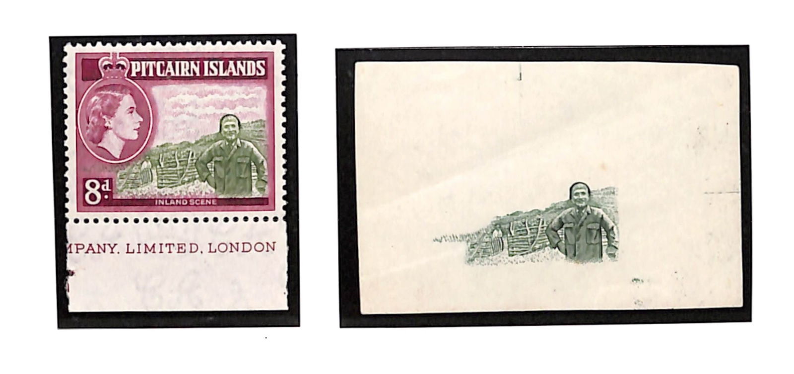 Pitcairn Island 1957: Title: Pitcairn Island 1957 Description: 8d Vignette Die ProofÊ (two horizontal creases) printed in deep green on gummed unwatermarked paper with guide lines at top a