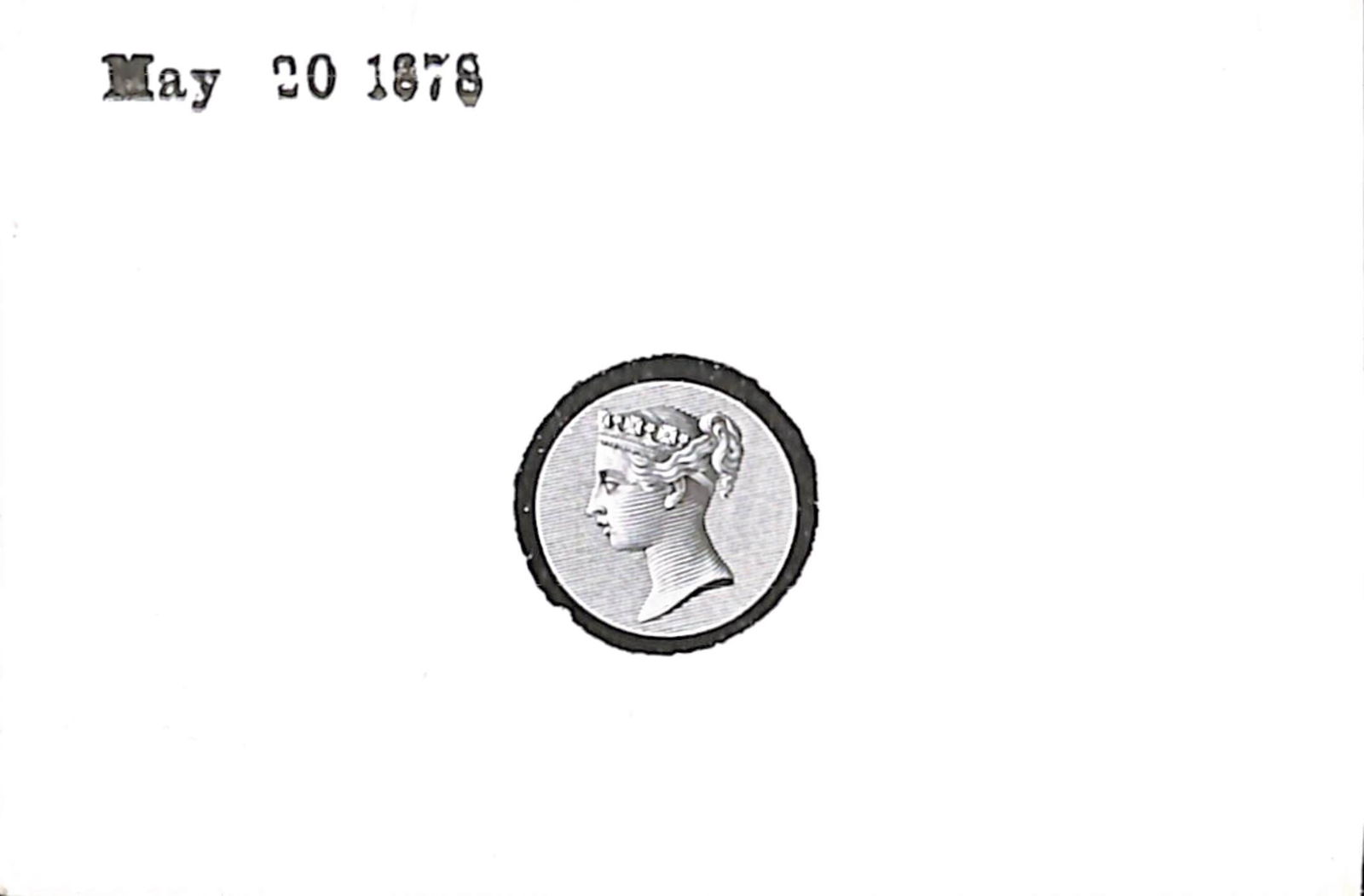 G.B. Essays / Surface Printed 1878: Title: G.B. Essays / Surface Printed 1878 Description: Die Proof of the Queen Victoria head die B by Joubert, in black on white glazed card, with a circular lined background and uncleared