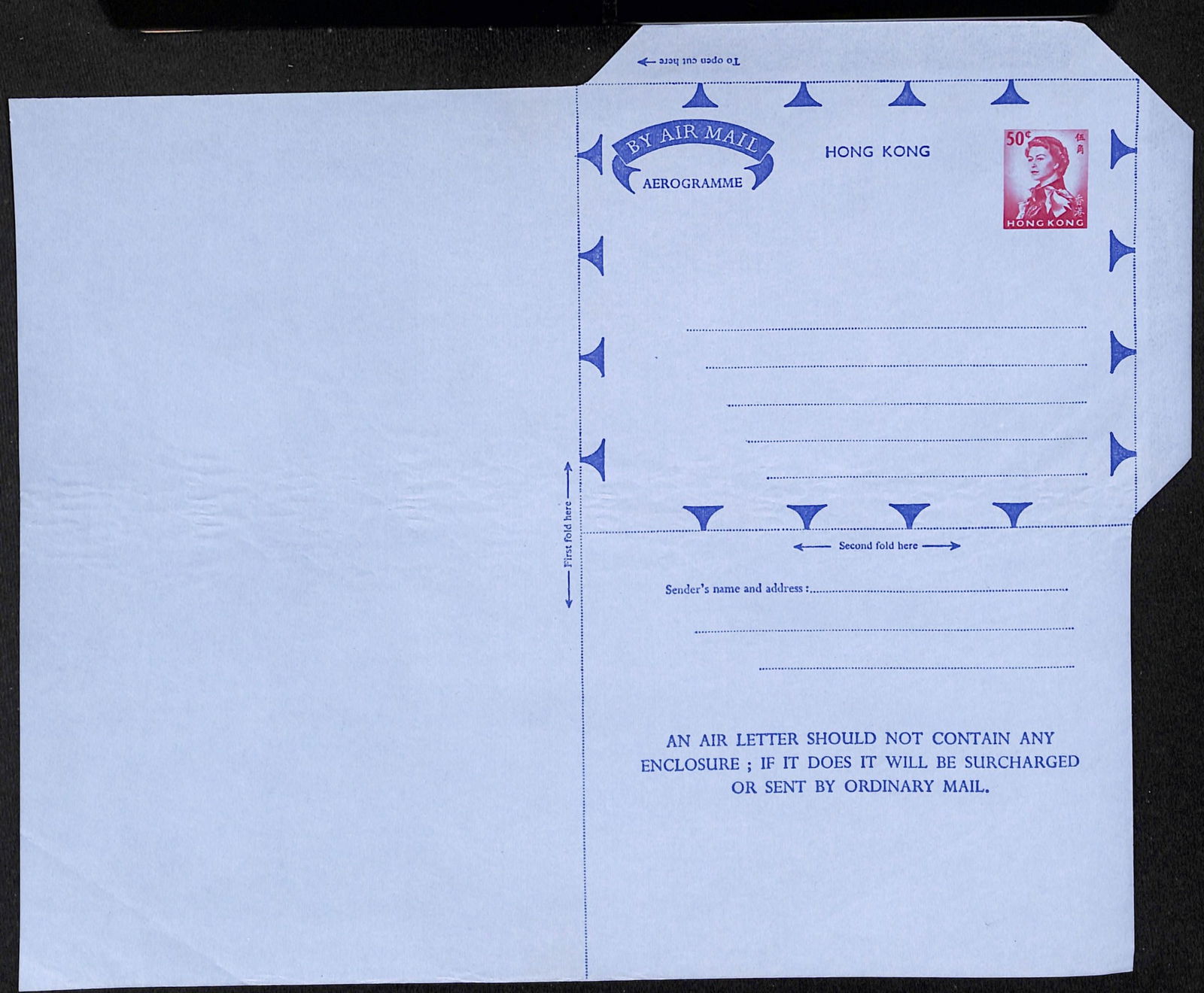 Hong Kong 1962: Title: Hong Kong 1962 Description: 50 cent Queen Elizabeth II airletter with two unusual varieties "cutting inverted" and missing red text with normal airletter for comparison. </