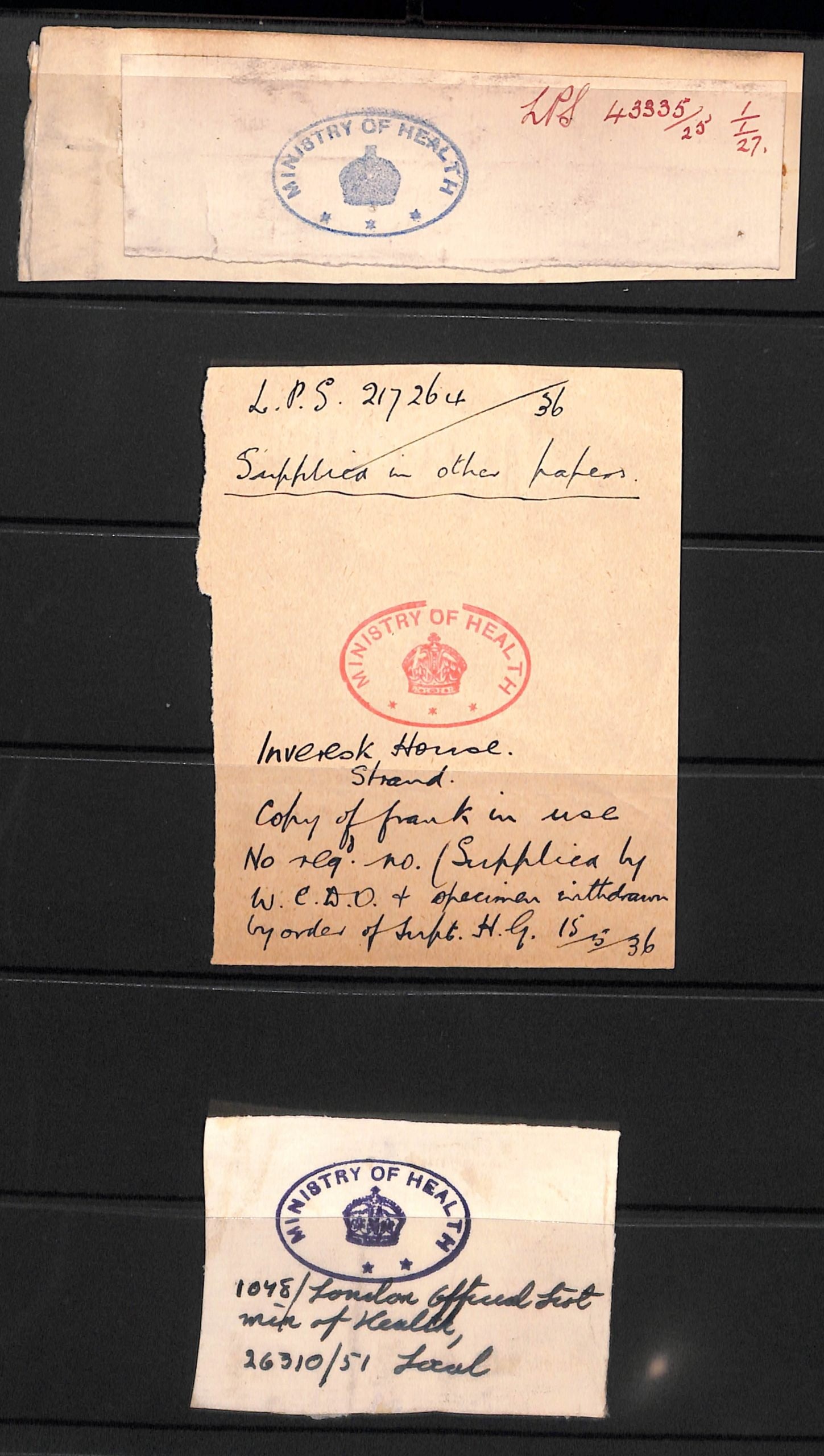 G.B. - Official 1927-1948: Title: G.B. - Official 1927-1948 Description: Specimen Handstamps for the Ministry of Health from 1927-1951.Ê Use of these handstamps allowed Official Mail to be carried by the Po