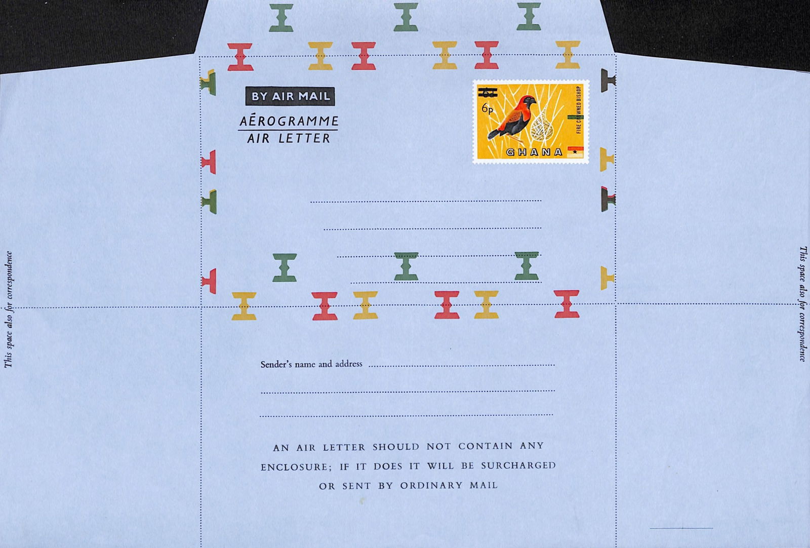Ghana 1965: Title: Ghana 1965 Description: 6p on 6d Fire-crowned Bishop bird aerogramme Higgins and Gage 7b Watermark 'Y' with dramatic 1/2" (12cm) shift of green upwards resulting in national flag showing