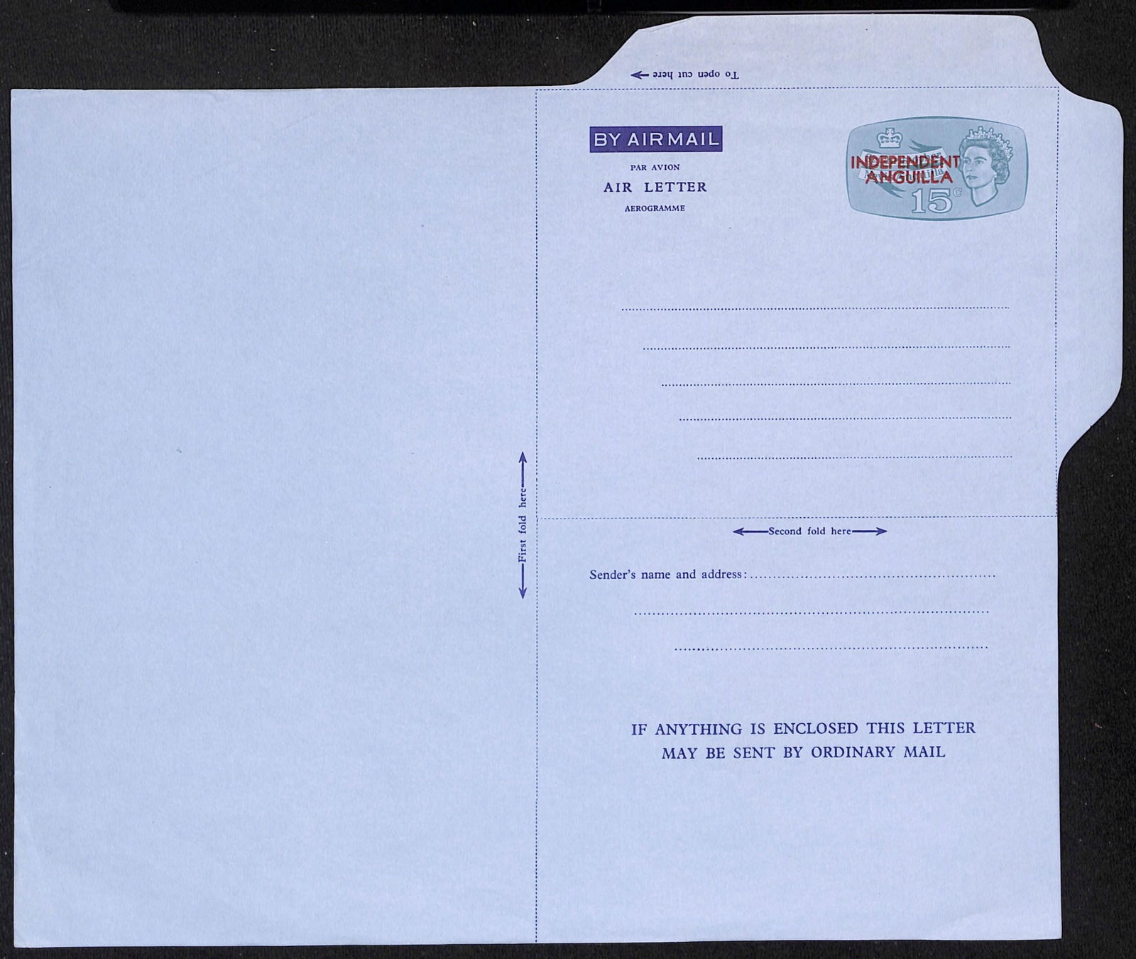 Anguilla 1967: Title: Anguilla 1967 Description: "INDEPENDENT ANGUILLA" overprint in red on St Christopher, Nevis, Anguilla 5c blue, 15c green aerogrammes, printed on blue air mail paper as issued, except