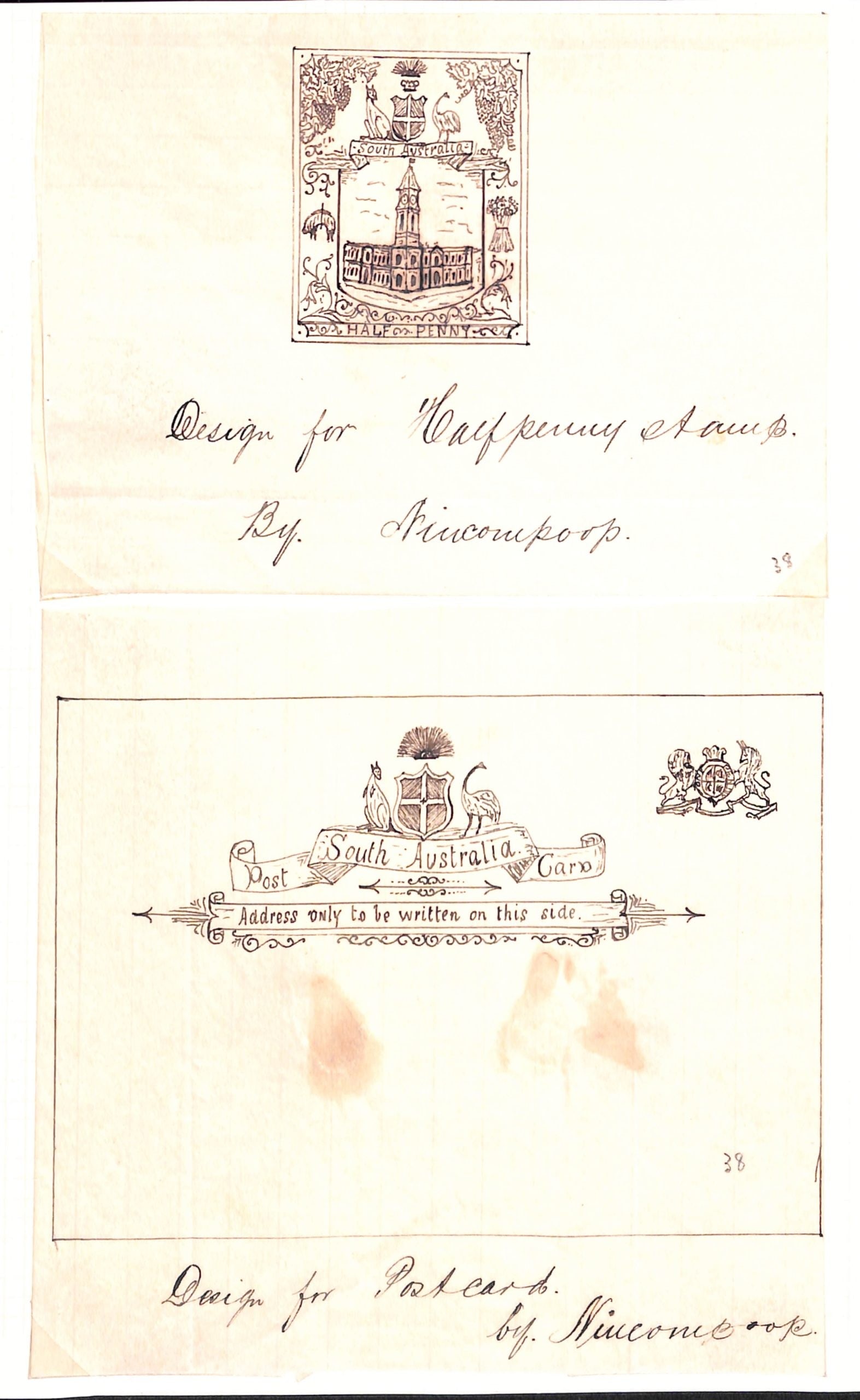 South Australia 1891-96: Title: South Australia 1891-96 Description: Competition Essays - Pen and ink drawing of a 1/2d Postage Stamp depicting G.P.O. Adelaide (40 x 50mm), also Post Card with Royal Arms in stamp space