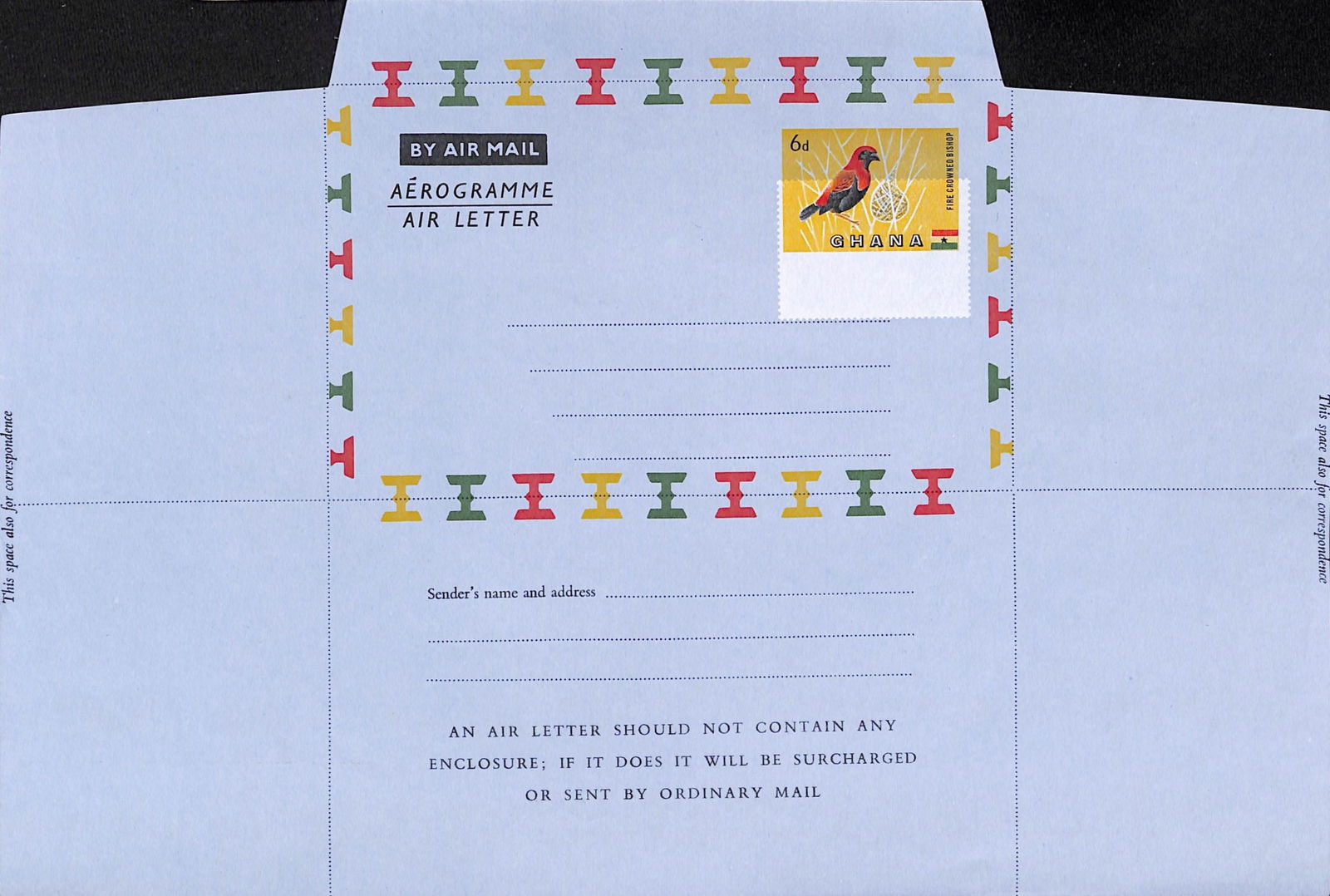 Ghana 1959: Title: Ghana 1959 Description: 6d Fire crowned Bishop Bird aerogramme Higgins and Gage 5 with variety watermarked Imperial Air Mail 'V' not recorded previously and 1/2inch northwards shift of