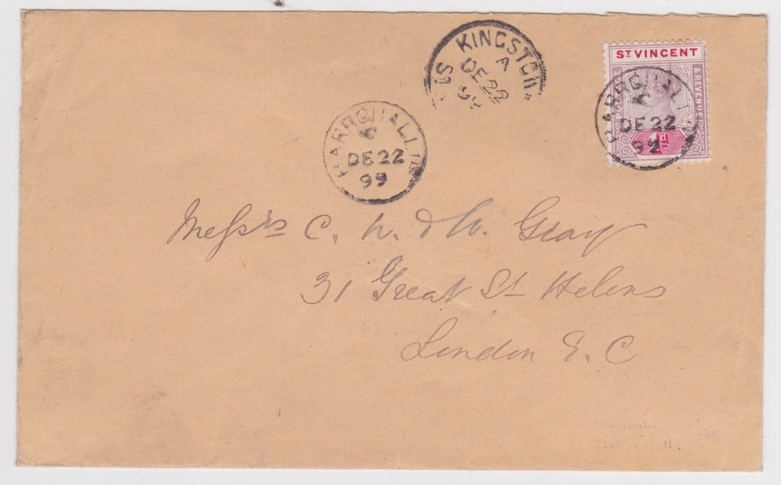 Saint Vincent 1899: Title: Saint Vincent 1899 Description: Commercial cover to London with 1d tied by very crisp Barrouallie 21mm cds, another strike adjacent, Kingstown cds between them.Ê Quality co