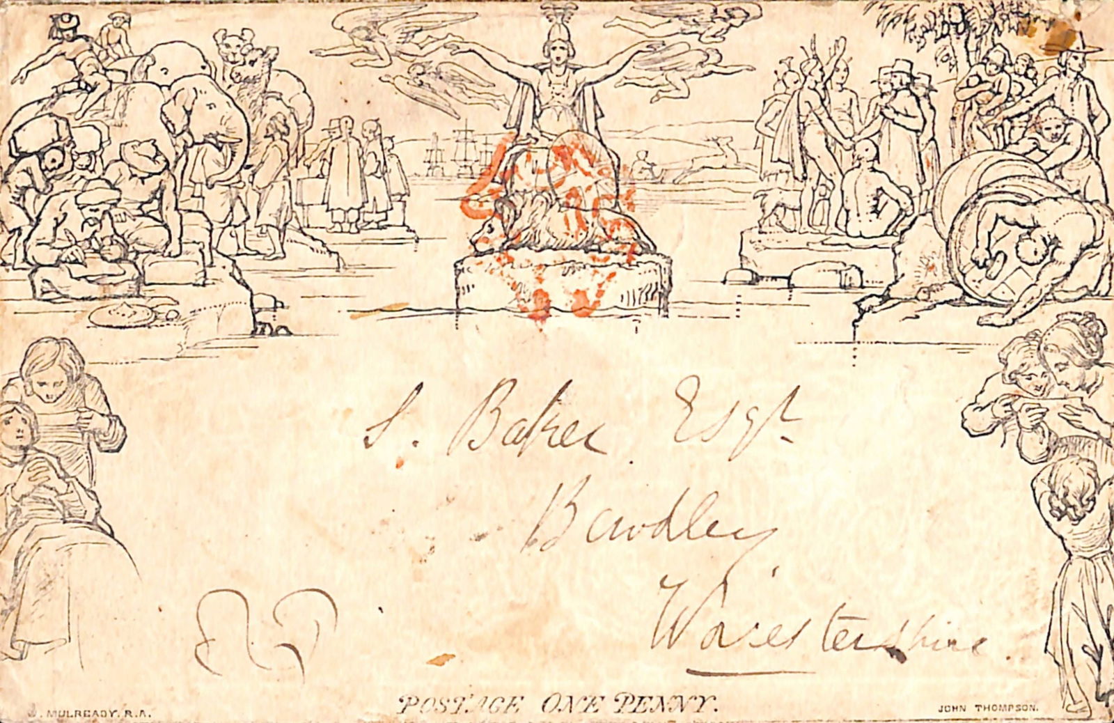 G.B. Mulready 1840: Title: G.B. Mulready 1840 Description: 1d envelope, stereo A134, variety double impression, one inverted and uninked, posted from Rugby to Worcestershire, with red Maltese Cross cancellation and