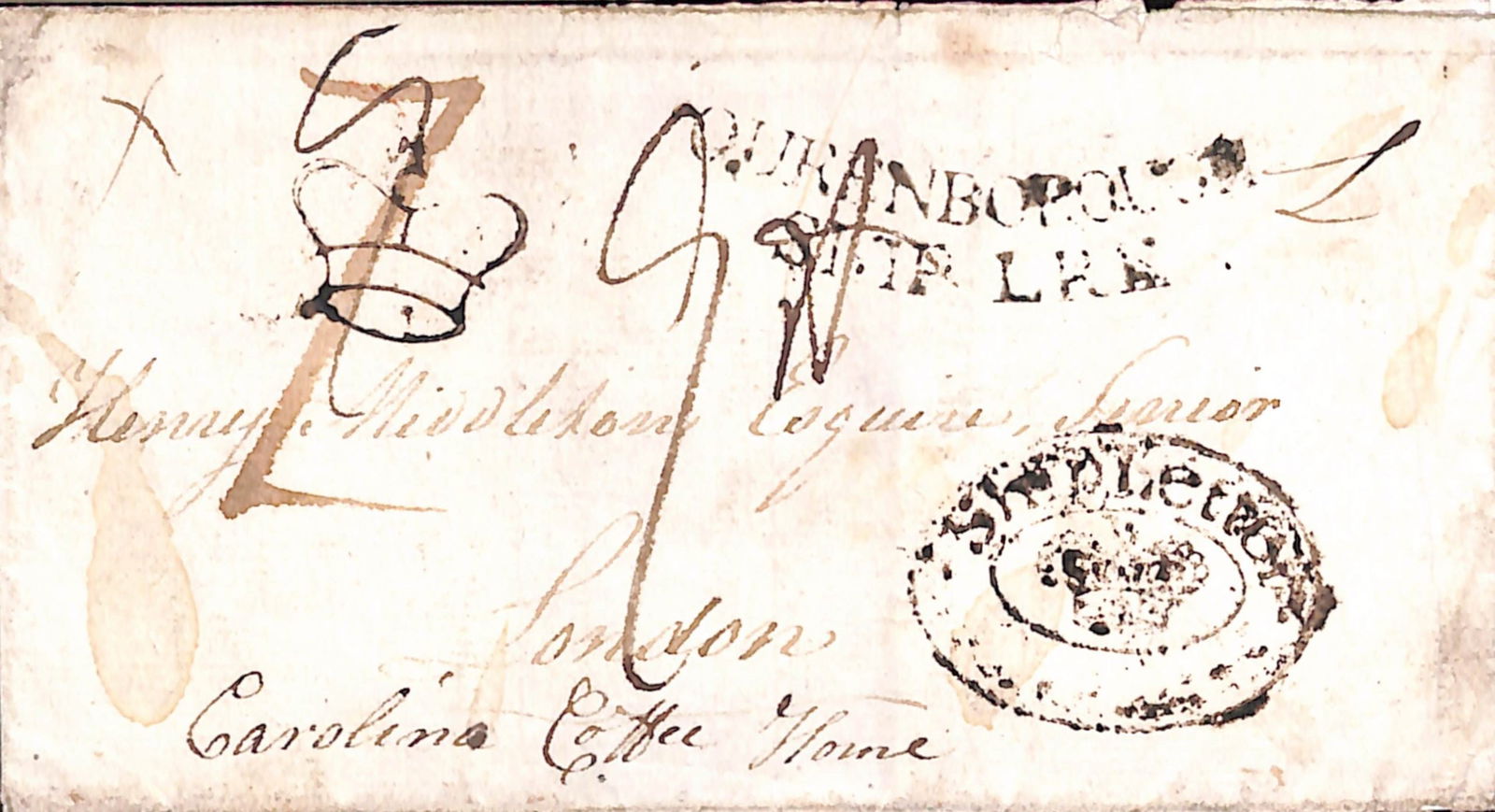 G.B. - Ship Letters - Queenborough 1800: Title: G.B. - Ship Letters - Queenborough 1800 Description: Entire (minor faults) to the Carolina Coffee House in London handstamped with a fine strike of the very scarce convex "QUEENBOROUGH /