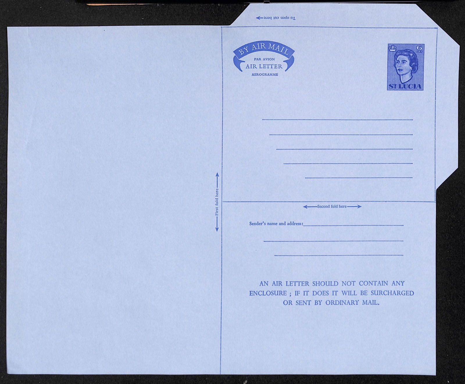 Saint Lucia 1965: Title: Saint Lucia 1965 Description: Aerogramme: guillotined ungummed Essays of the 6 blue and 6c dark blue with vertical shading on airmail paper, from the printer's archive.